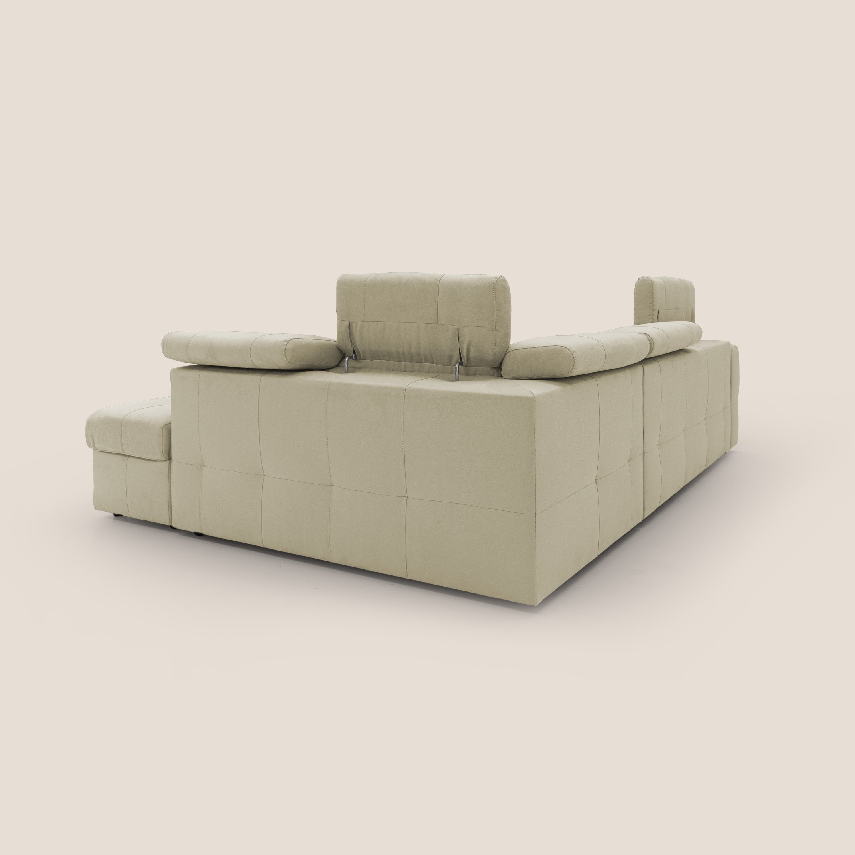 Kronos Divano angolare con poggiapiedi estraibile e pouf contenitore mobile in microfibra impermeabile T11 beige - divani.store