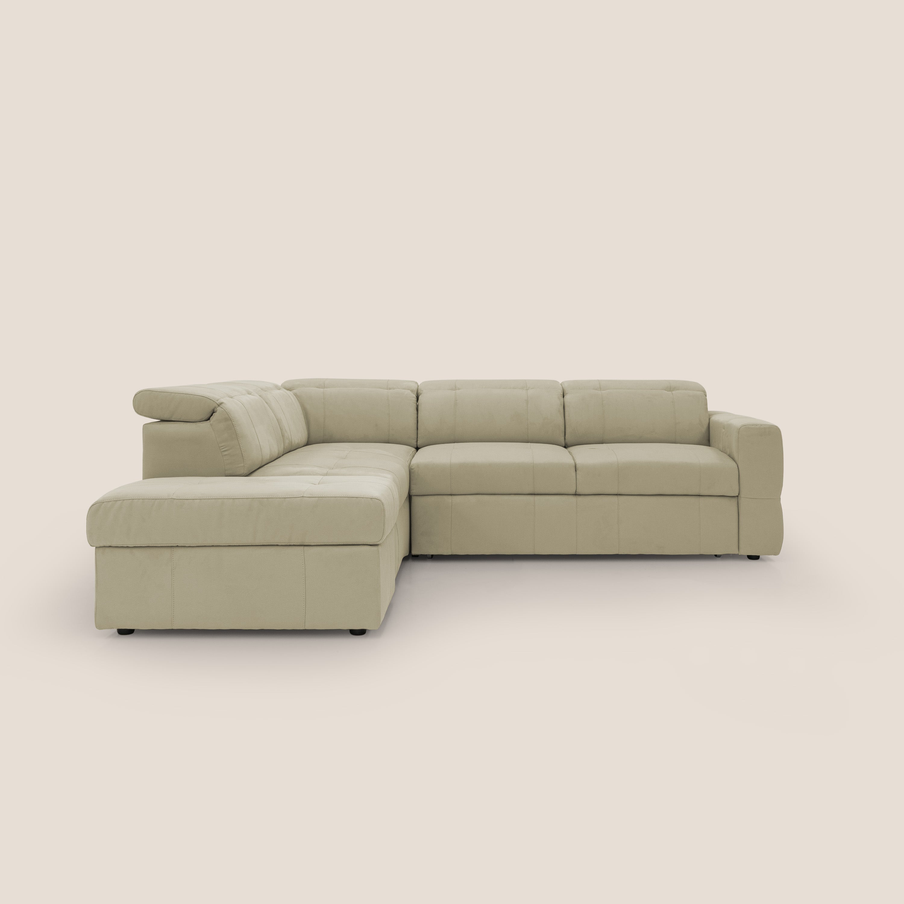 Kronos Divano angolare con poggiapiedi estraibile e pouf contenitore mobile in microfibra impermeabile T11 beige - divani.store