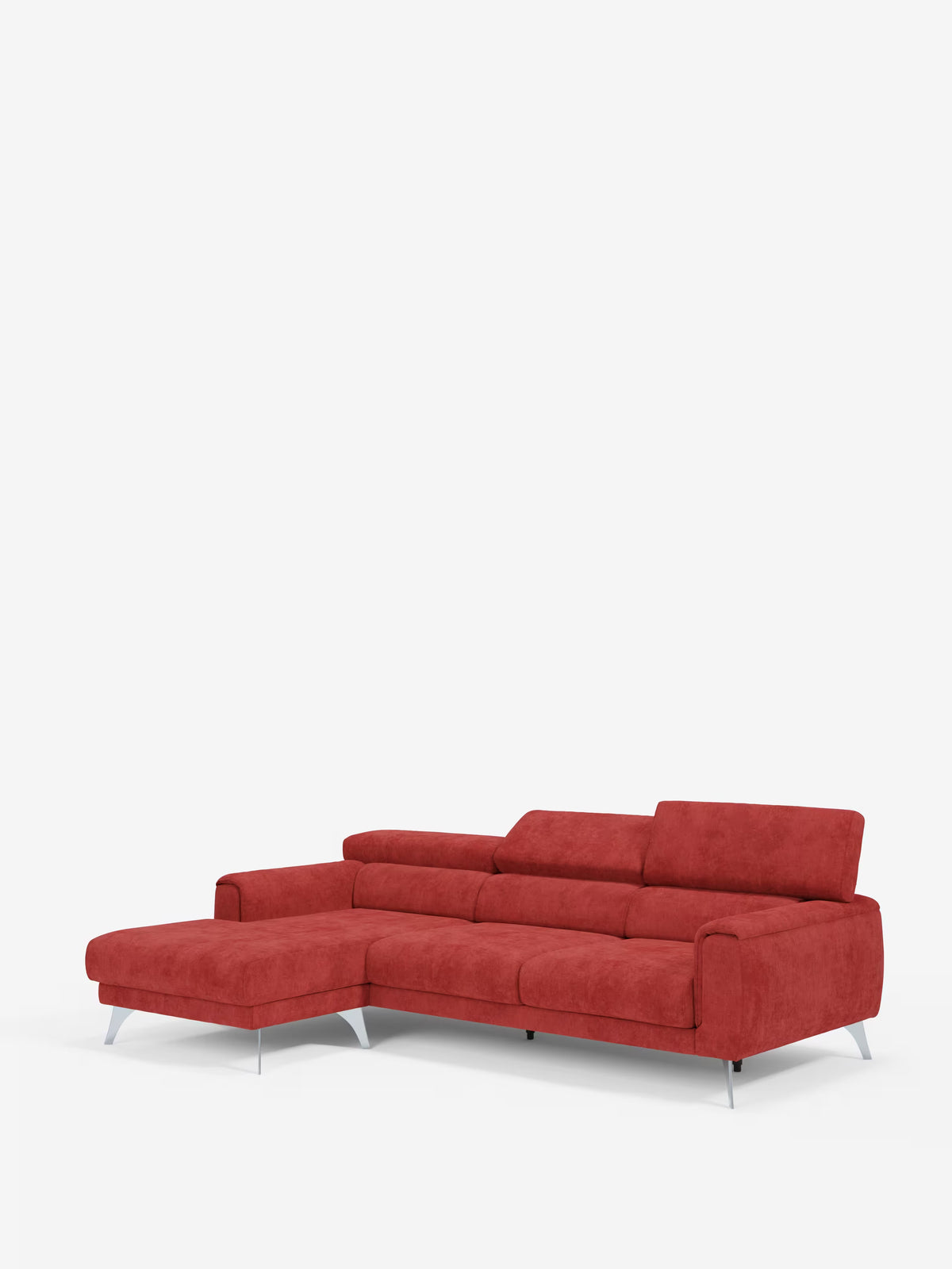 Un divano angolare contemporaneo modello Caravaggio con penisola e sedute scorrevoli in tessuto smacchiabile T31 di Divani.Store, caratterizzato da un rivestimento rosso di grande effetto, poggiatesta regolabili, linee slanciate e gambe in metallo. Il lato sinistro forma una chaise longue (penisola), mentre quello destro offre una seduta standard con sedute scorrevoli per un comfort personalizzabile. Sullo sfondo bianco a tinta unita, il design moderno del divano risalta alla perfezione.