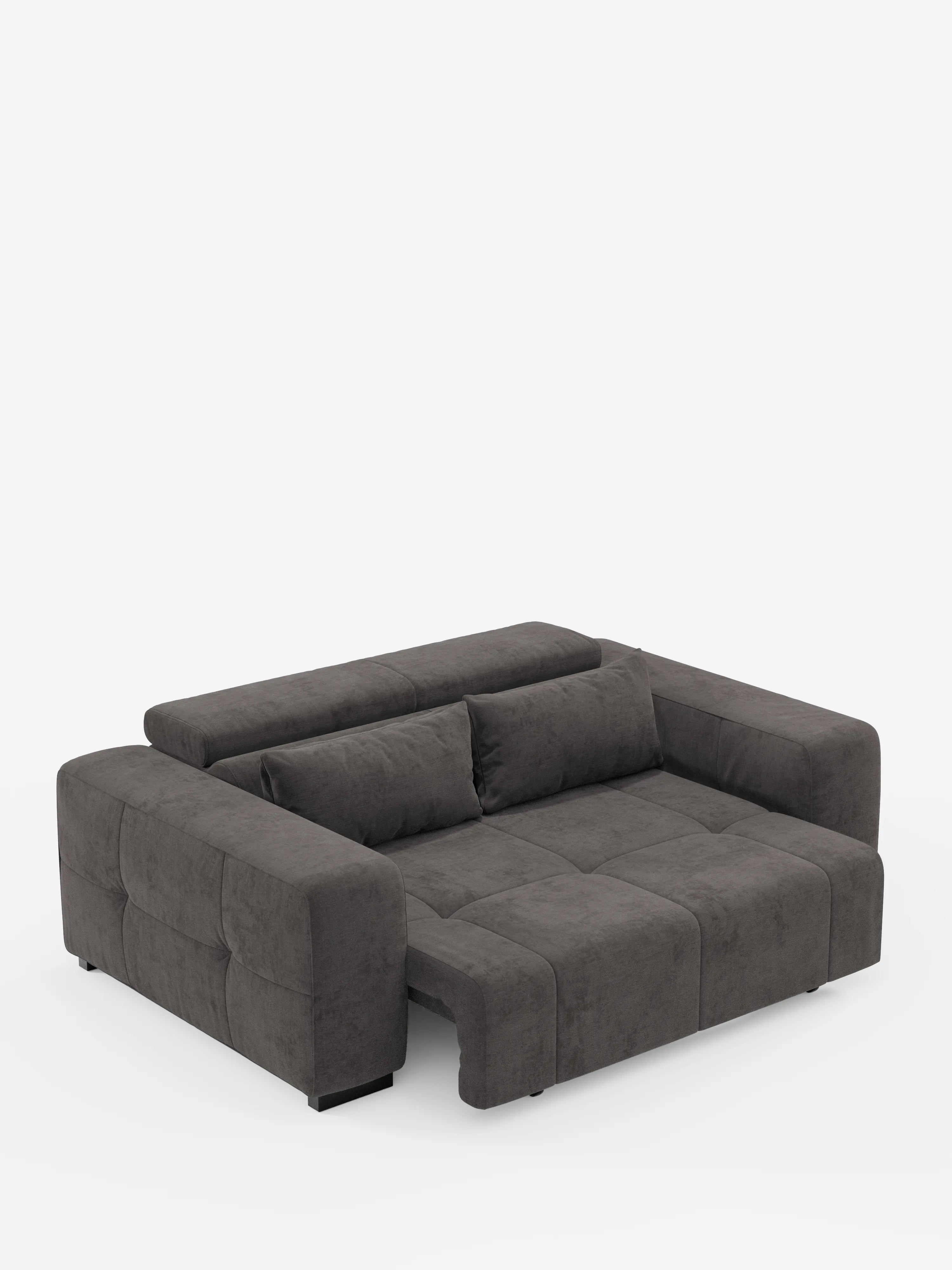 Un divano Monarch contemporaneo in grigio scuro con funzione relax elettrica per l’allungamento delle sedute e poggiatesta reclinabile, rivestito in morbido tessuto smacchiabile T31 di Divani.Store, caratterizzato da ampi braccioli, cuscini soffici e un’ampia sezione lounge distesa, è presentato su uno sfondo bianco a tinta unita. Questo moderno divano componibile sembra trasformabile, consentendo di creare spaziosi posti a sedere o soluzioni per la notte.