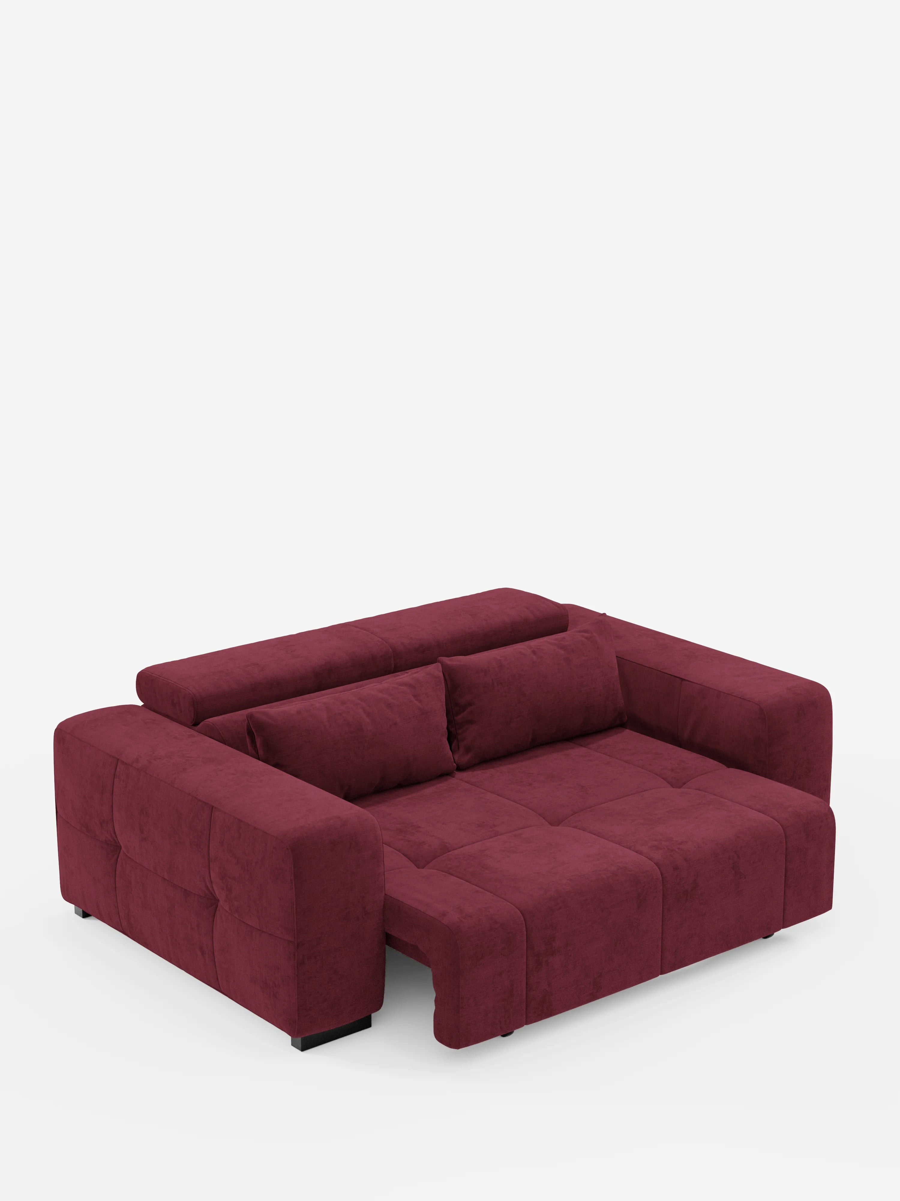 Un divano contemporaneo Monarch con funzione relax elettrica per l’allungamento delle sedute e poggiatesta reclinabile di Divani.Store, rivestito in morbido tessuto T31 antimacchia color bordeaux intenso. Questo moderno divano letto componibile è caratterizzato da schienale e braccioli bassi, con sedute allungabili elettricamente e poggiatesta regolabile per creare un'ampia zona notte. Immagine raffigurata su sfondo bianco a tinta unita.