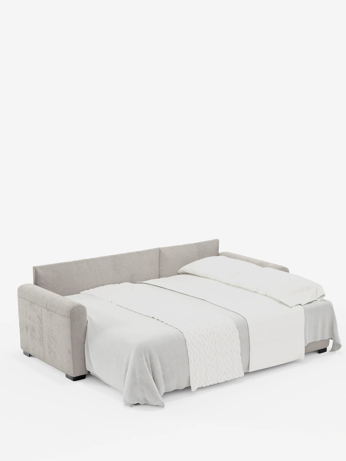 Il divano letto Ottaviano grigio chiaro con letto estraibile – penisola reversibile e contenitore in tessuto materico smacchiabile – si trasforma in letto, decorato con un cuscino bianco e una coperta bianca dalla trama ruvida su uno sfondo bianco a tinta unita.