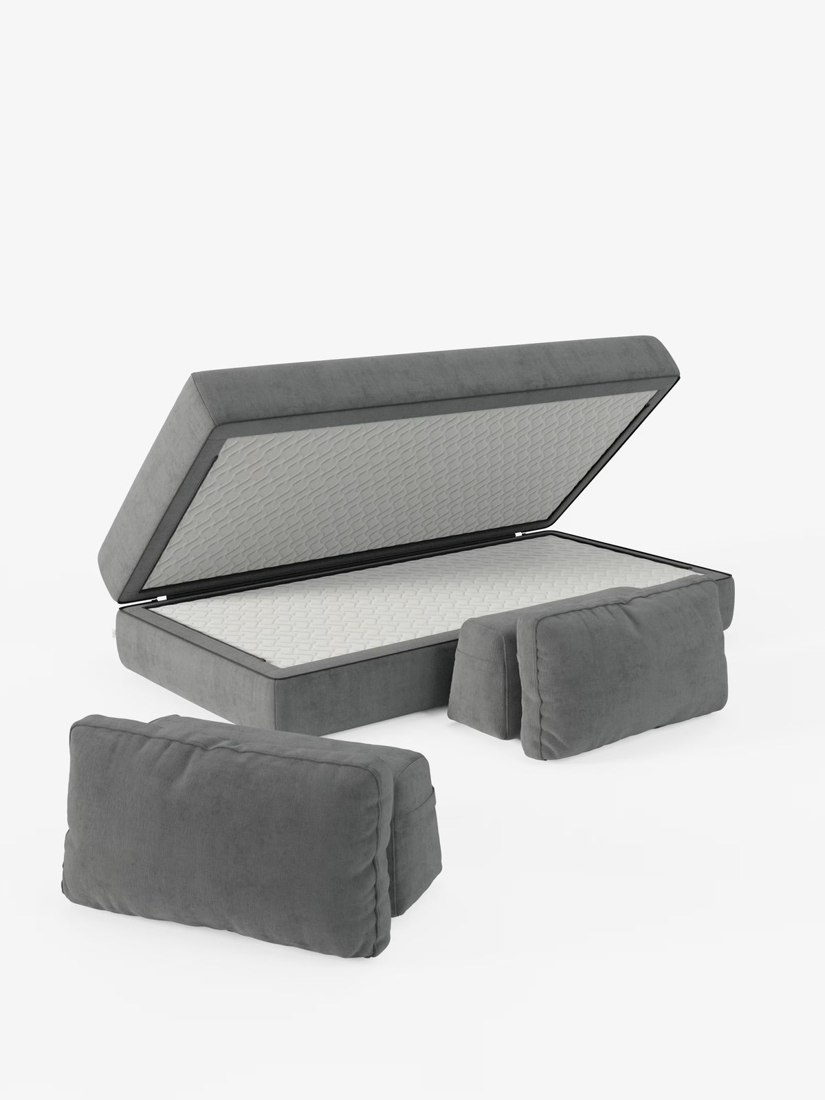 Il divano letto matrimoniale a 2 e 3 posti “Rift” di Divani.Store è raffigurato con la piattaforma del materasso sollevata per rivelare un ampio vano contenitore interno, che lo rende ideale per uno stile di vita versatile. Rivestito in tessuto T31 antimacchia e dotato di un materasso in memory foam alto 24 cm, include due cuscini imbottiti grigi abbinati disposti nella parte anteriore, che risaltano sullo sfondo bianco a tinta unita.