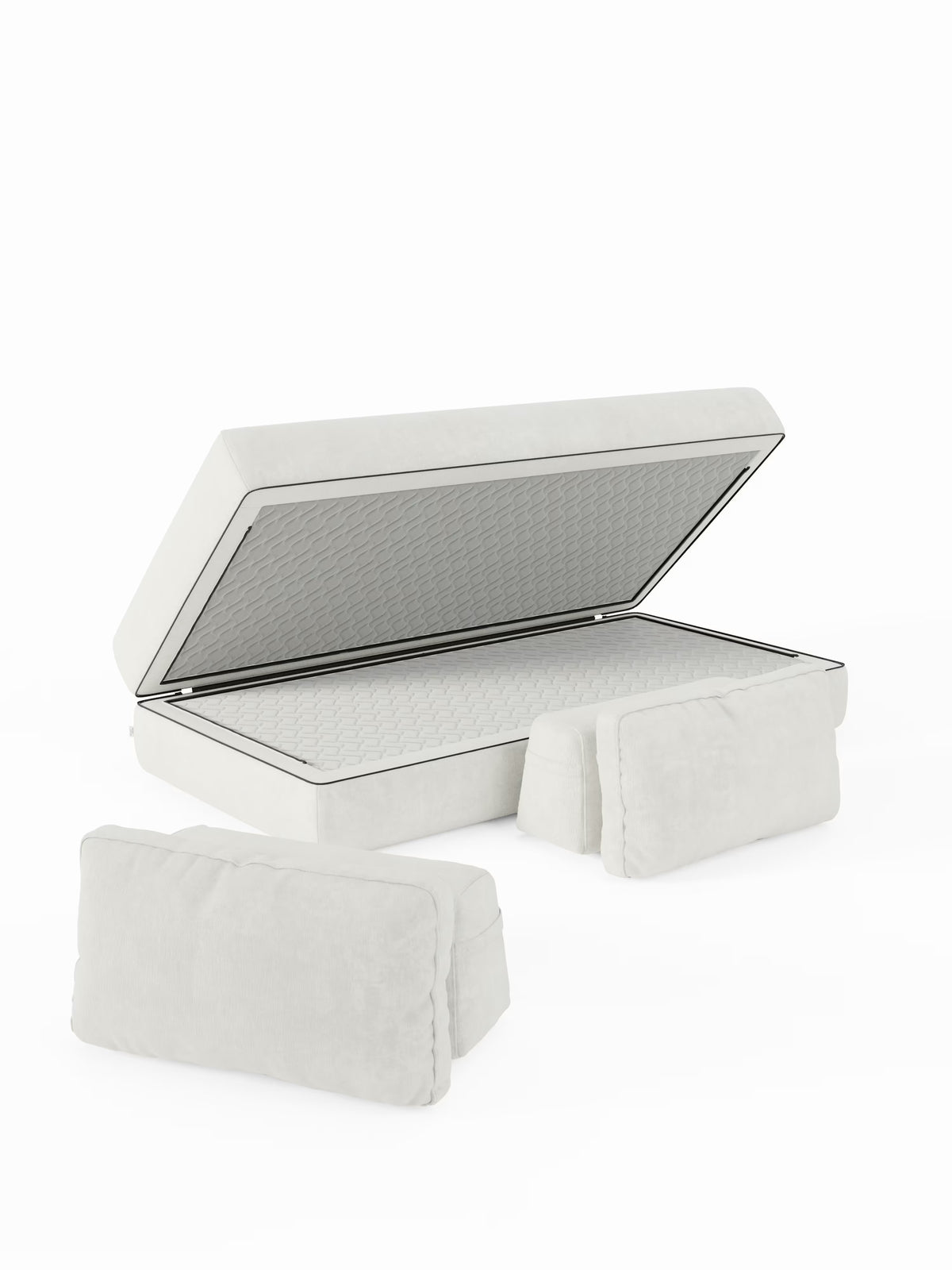 Il divano letto matrimoniale contemporaneo Rift a 2 e 3 posti di Divani.Store, qui presentato nella finitura bianca con schienali mobili, presenta la piattaforma del materasso sollevata per mettere in risalto un ampio vano contenitore interno. Due cuscini rettangolari bianchi sono posizionati nella parte anteriore, completando il design minimalista e pulito che ricorda i divani di alta gamma. Il letto include un materasso in memory foam dello spessore di 24 cm, rivestito in tessuto T31 facile da pulire.