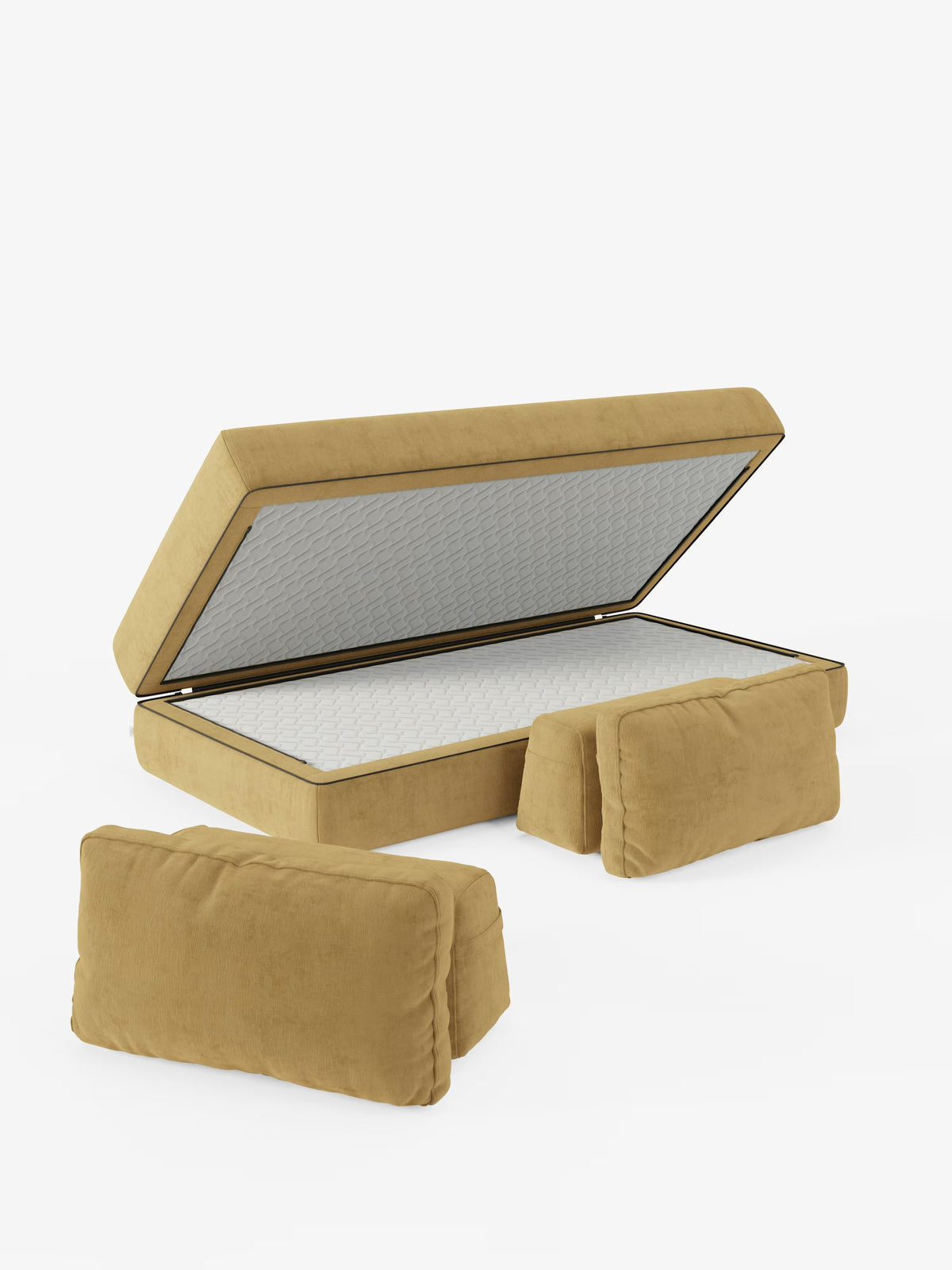 Il divano letto matrimoniale a 2 e 3 posti “Rift” di Divani.Store è dotato di schienali regolabili e di un materasso in memory foam alto 24 cm, rivestito in tessuto T31 facile da pulire. Qui presentato con rivestimento color cuoio, il telaio sollevabile del letto rivela un ampio vano contenitore sottostante, ideale per ottimizzare il vostro sistema di vita. Davanti al letto, due grandi cuscini coordinati color cuoio sono disposti su uno sfondo bianco a tinta unita.