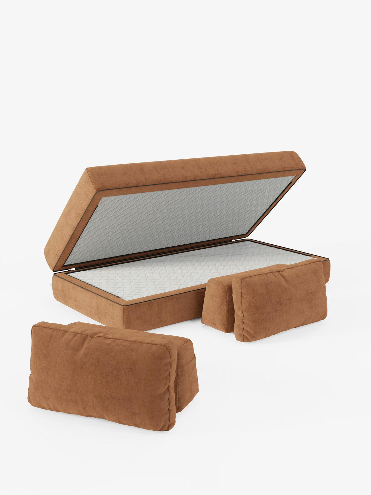 Il divano letto matrimoniale Rift a 2 e 3 posti con schienali mobili di Divani.Store presenta un rivestimento marrone e un materasso alto 24 cm in memory foam, rivestito in tessuto T31 facile da pulire. Sollevando la base del materasso, si scopre un ampio spazio contenitivo, ideale per riporre gli oggetti essenziali. Ispirato ai moderni sistemi abitativi, questo versatile complemento d’arredo è impreziosito da due cuscini marroni abbinati, disposti nella parte anteriore su uno sfondo bianco a tinta unita.