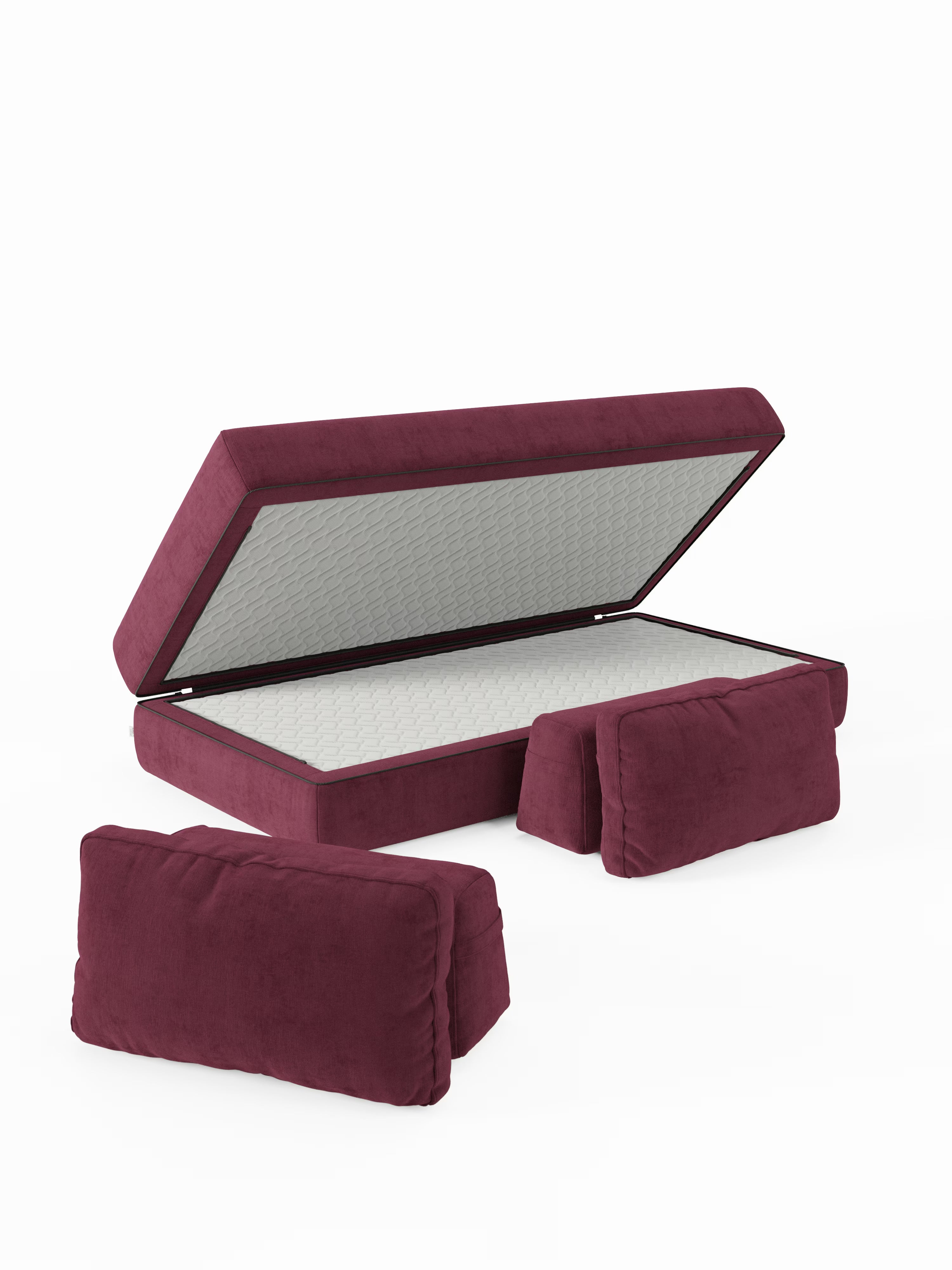 Il divano letto matrimoniale Rift a 2 e 3 posti con schienali mobili di Divani.Store presenta un rivestimento color bordeaux e un design moderno e lineare, con un vano portaoggetti aperto sotto il suo materasso alto 22 cm in memory foam T31. Due cuscini coordinati color bordeaux sono disposti nella parte anteriore, il tutto su uno sfondo bianco a tinta unita.