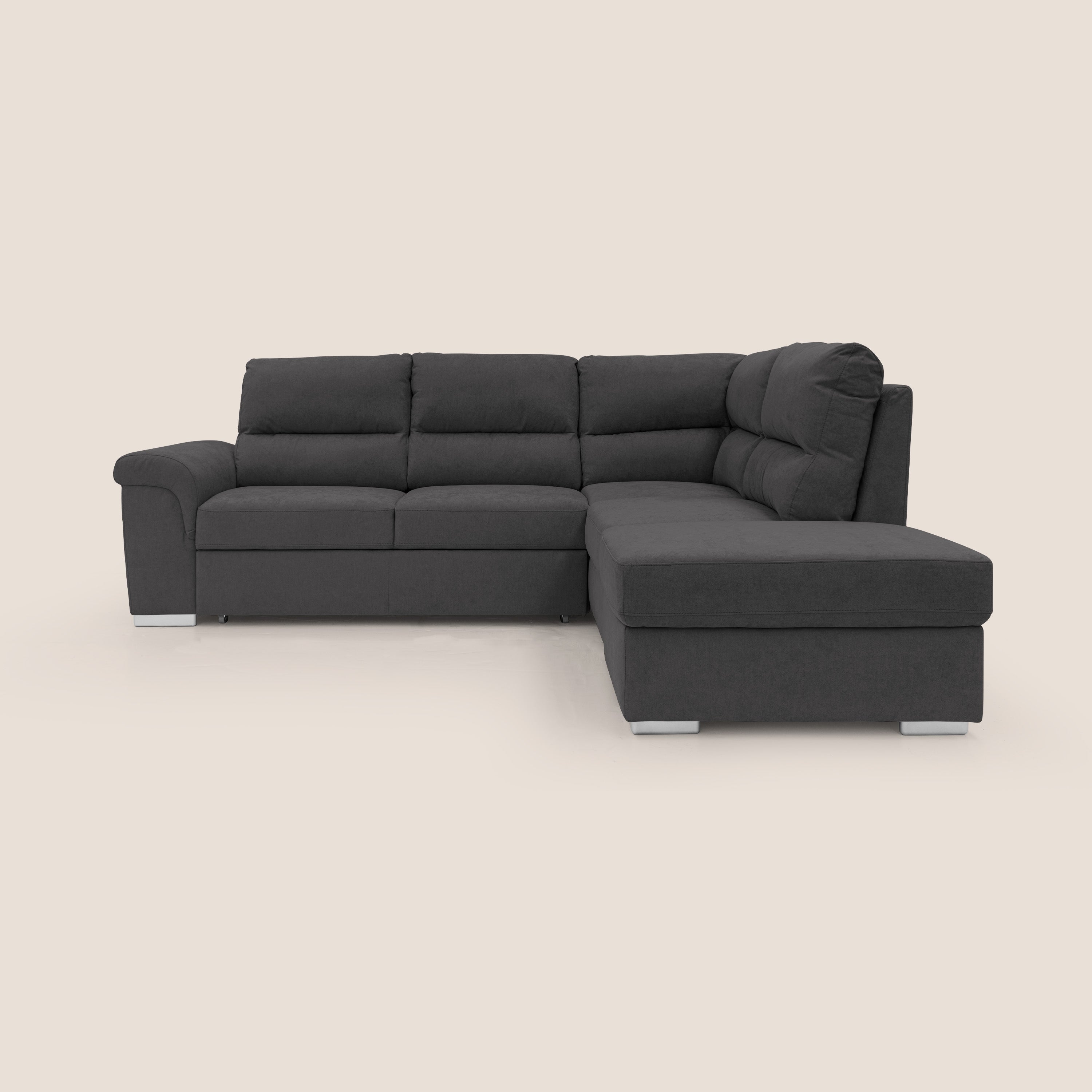 Minerva divano angolare con estraibile a cassettone e pouf contenitore in tessuto morbido impermeabile T02 nero - divani.store