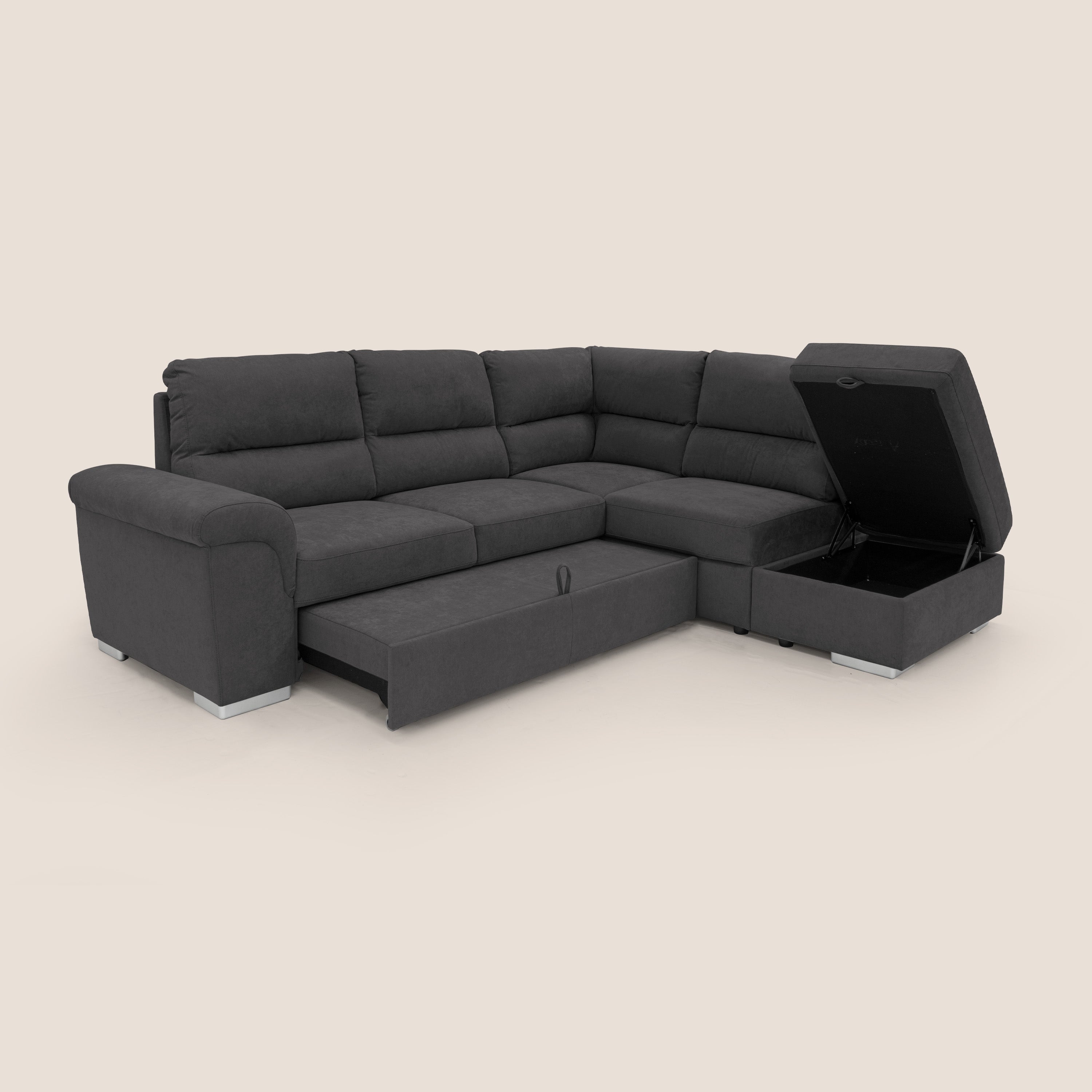 Minerva divano angolare con estraibile a cassettone e pouf contenitore in tessuto morbido impermeabile T02 nero - divani.store