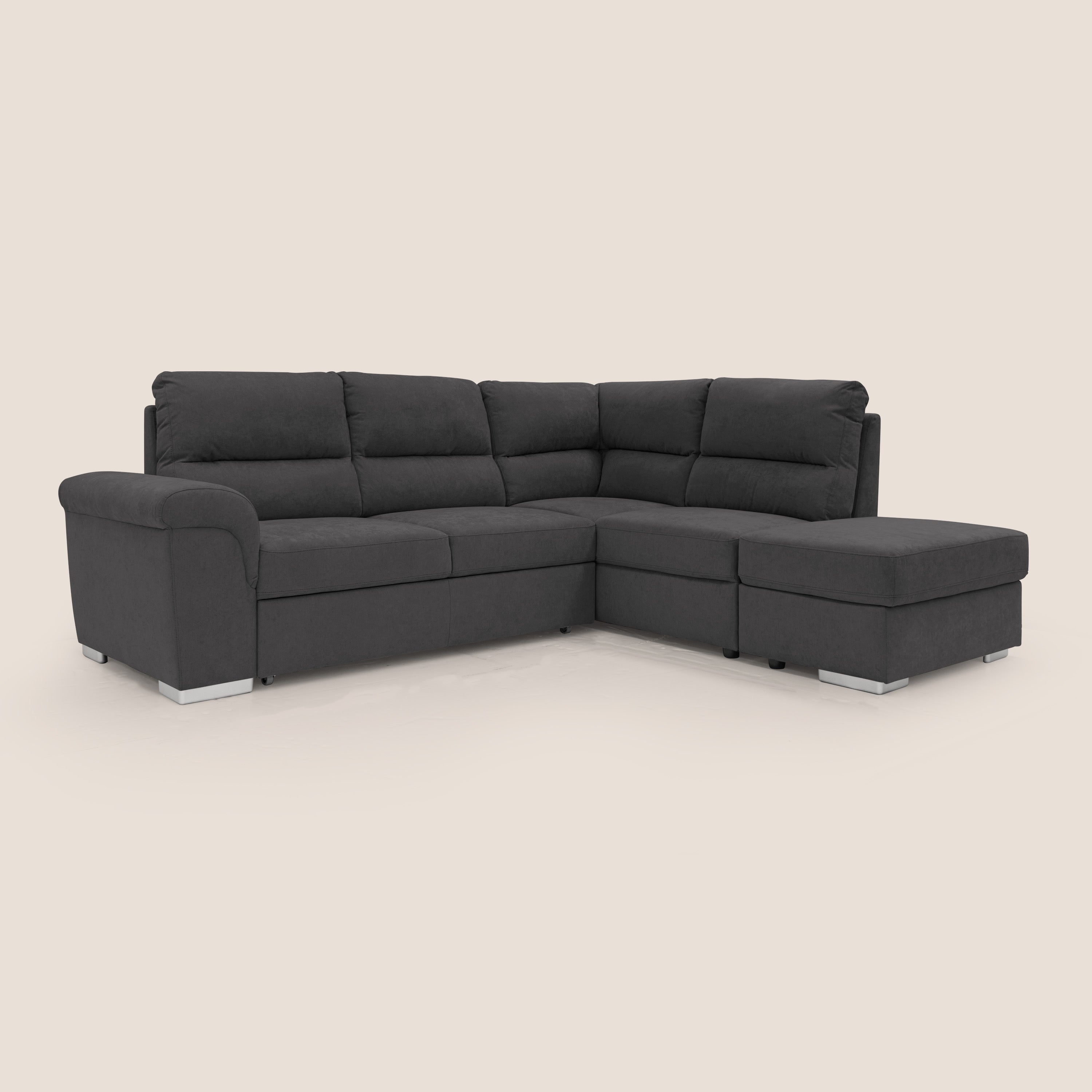 Minerva divano angolare con estraibile a cassettone e pouf contenitore in tessuto morbido impermeabile T02 nero - divani.store