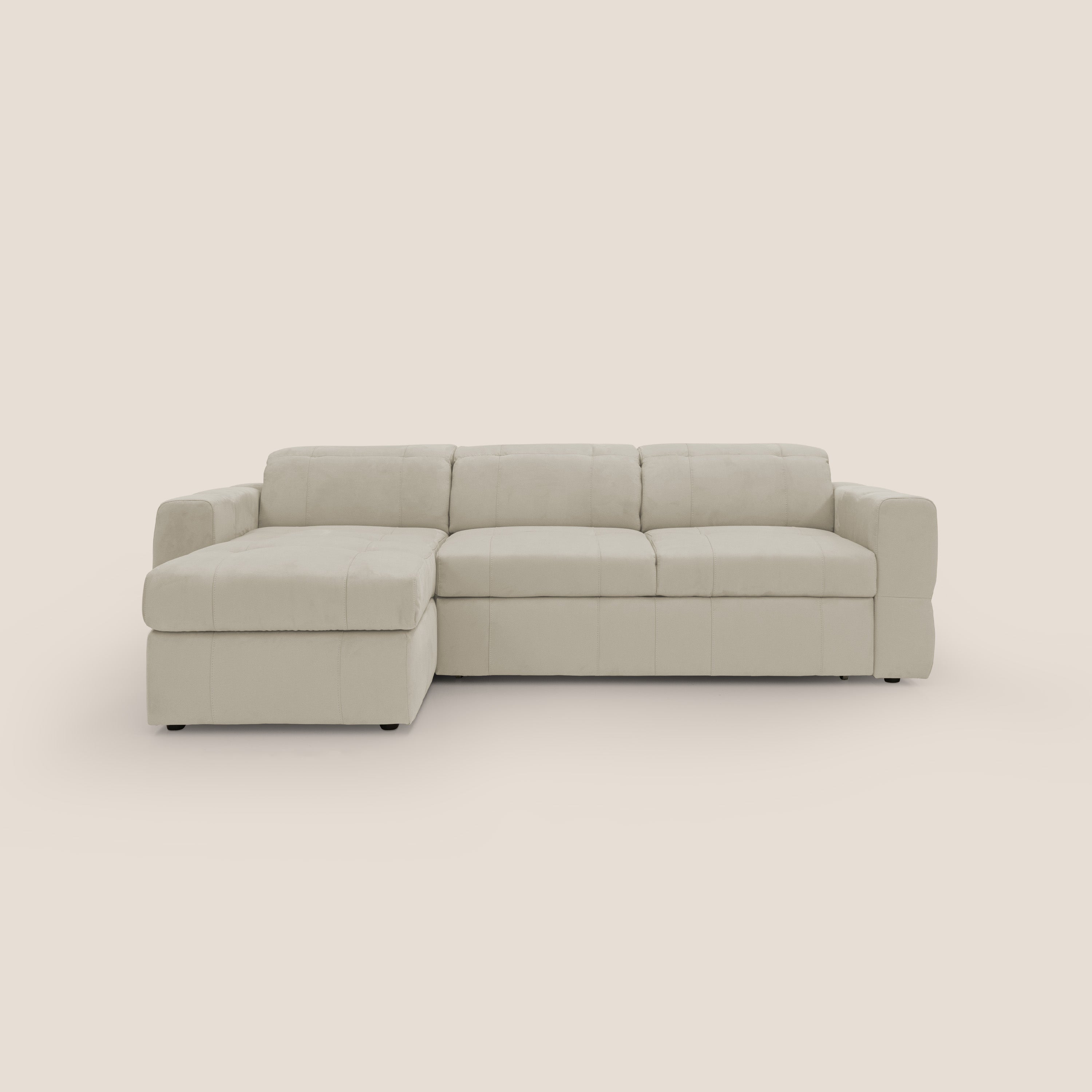 Kronos Divano angolare con pouf estraibile e penisola contenitore in microfibra impermeabile T11 panna - divani.store