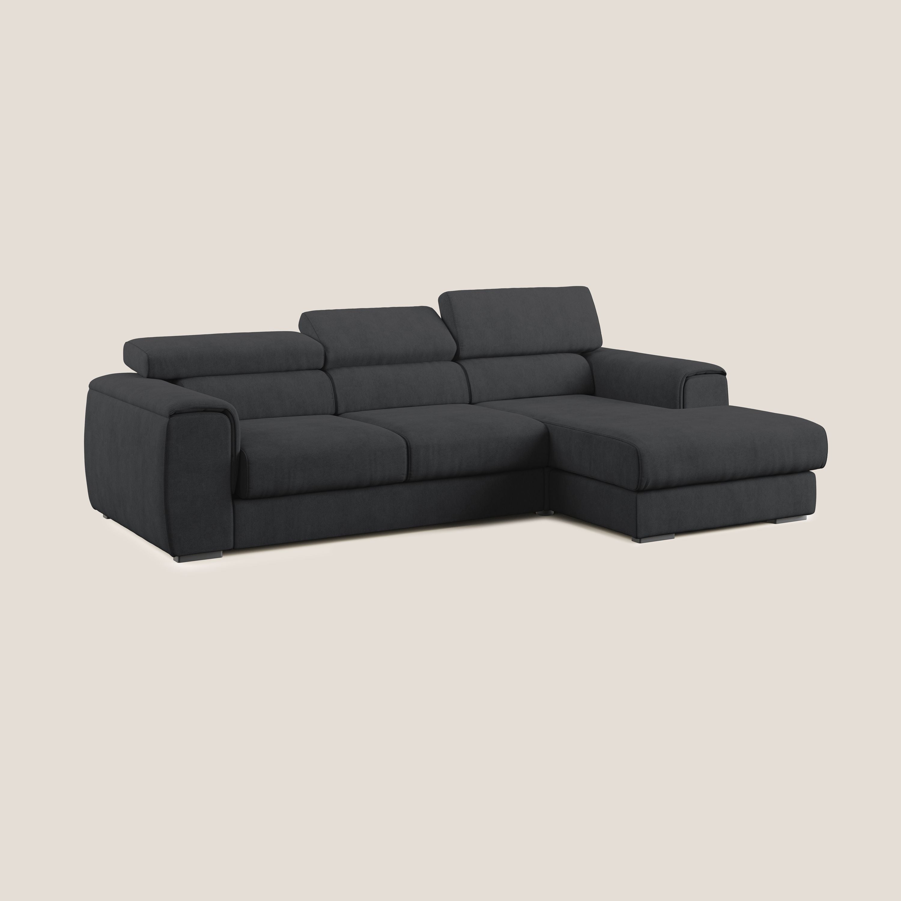 Zeno Divano angolare con pouf estraibile poggiapiedi in tessuto morbido impermeabile T02 nero - divani.store