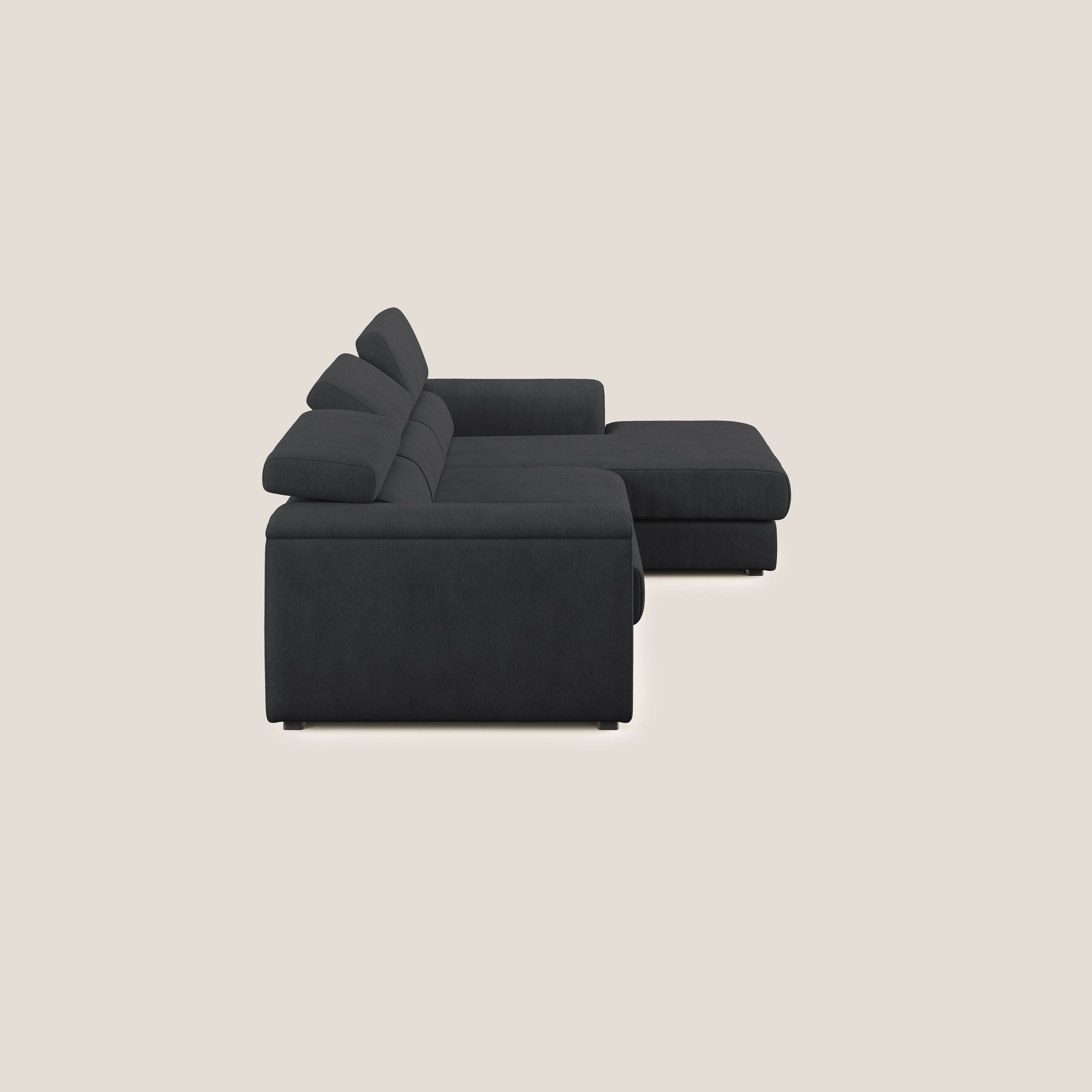 Zeno Divano angolare con pouf estraibile poggiapiedi in tessuto morbido impermeabile T02 nero - divani.store