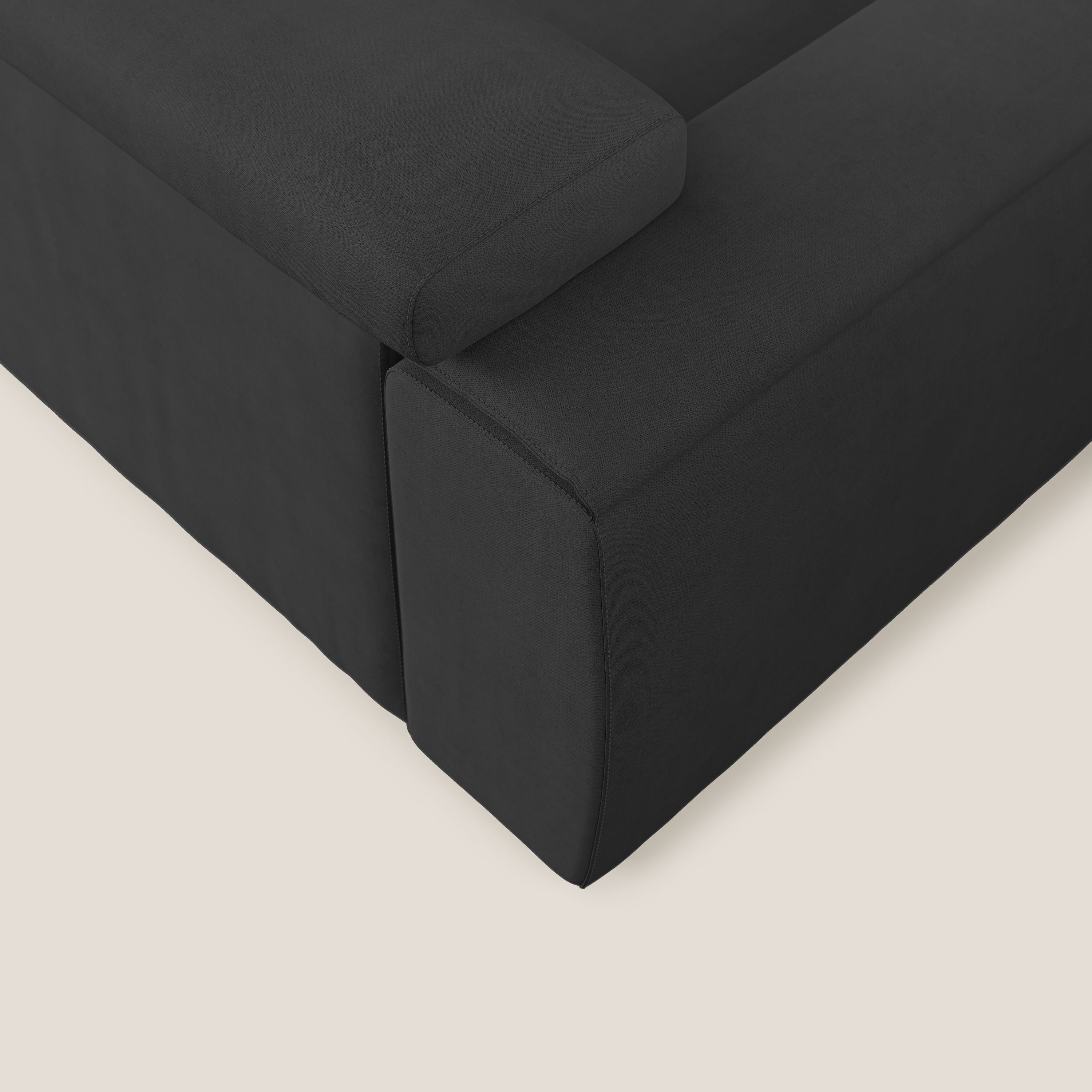 Zeno Divano angolare con pouf estraibile poggiapiedi in tessuto morbido impermeabile T02 nero - divani.store