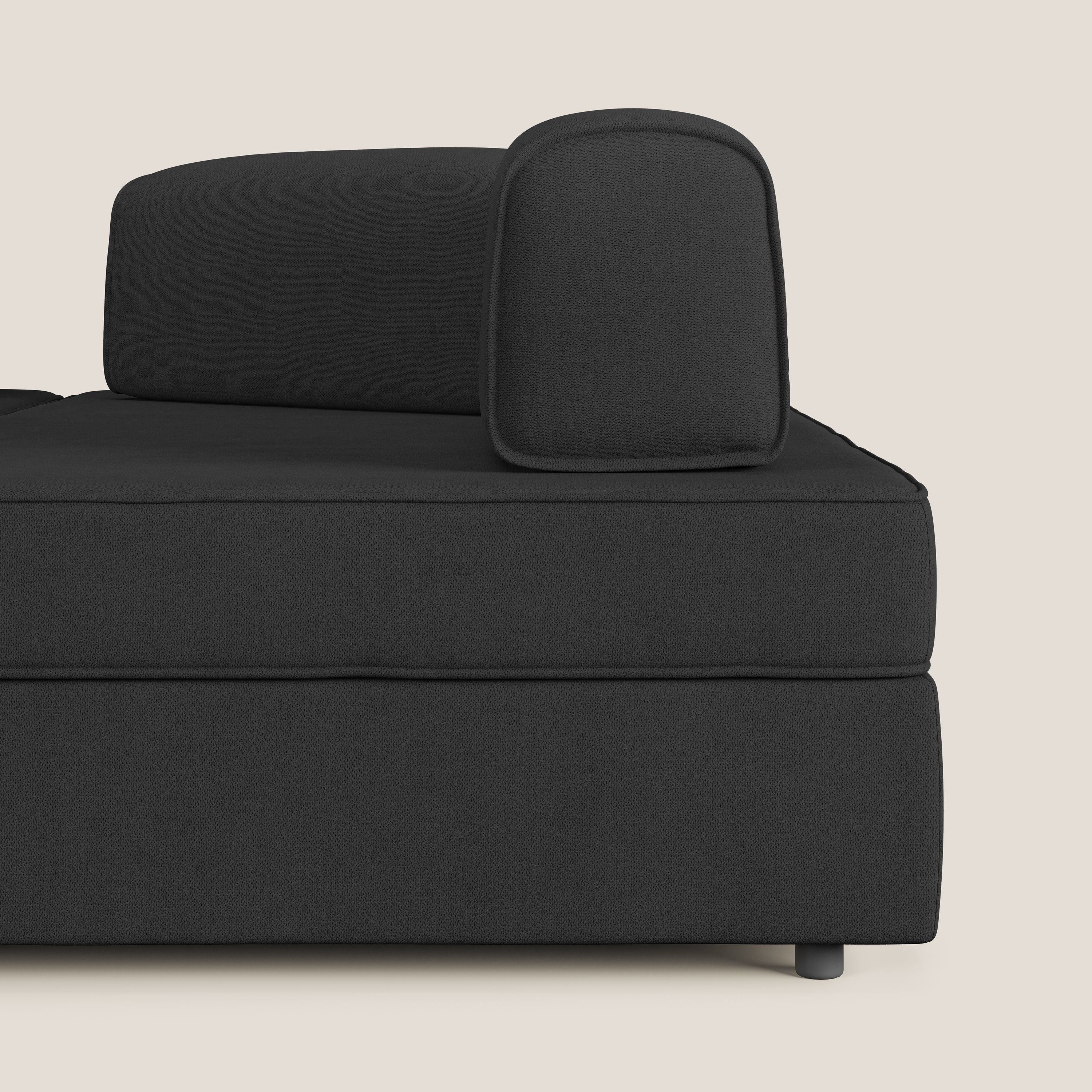 Liberty divano angolare con pouf estraibile e schienali movibili in tessuto morbido impermeabile T02 nero - divani.store