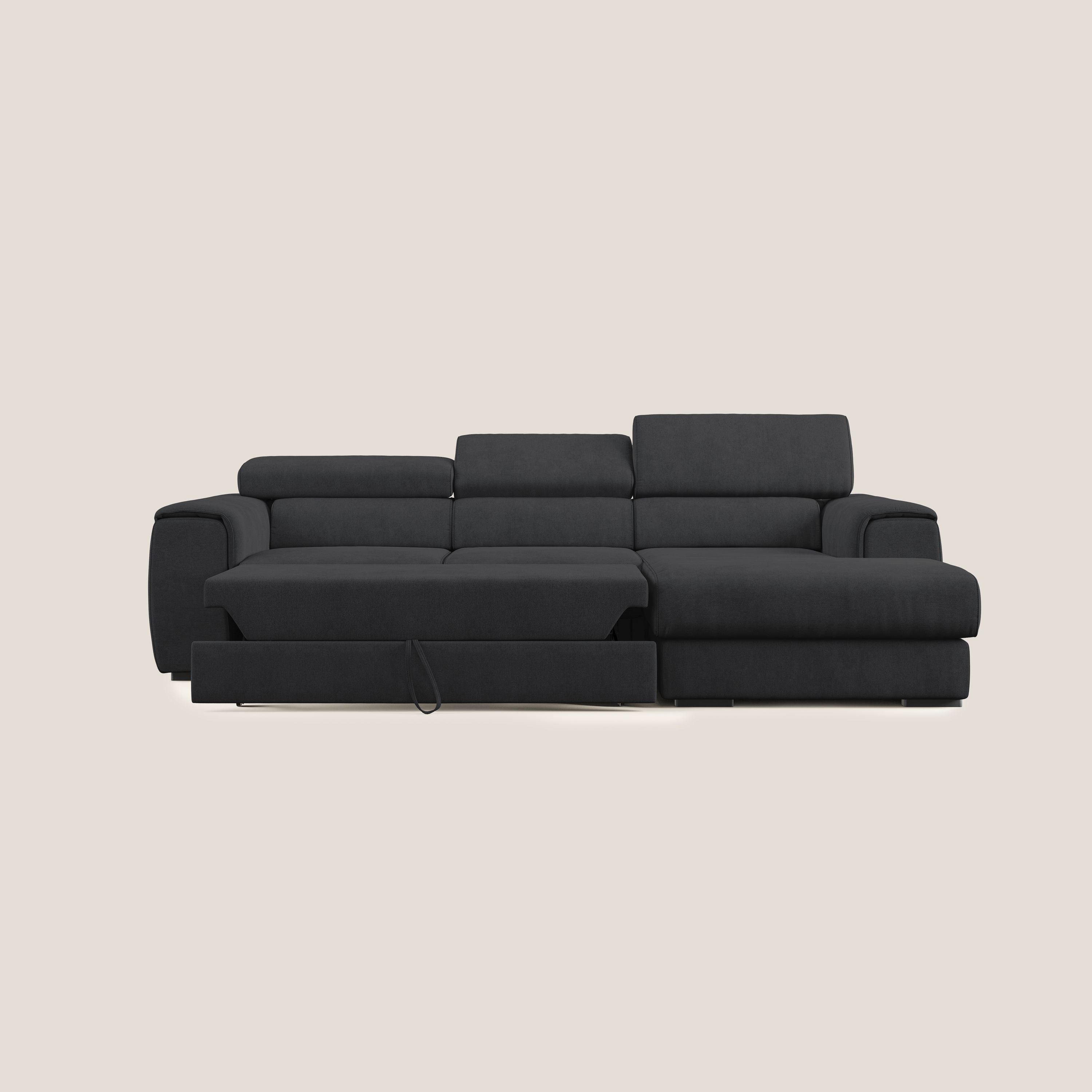 Zeno Divano angolare con pouf estraibile poggiapiedi in tessuto morbido impermeabile T02 nero - divani.store