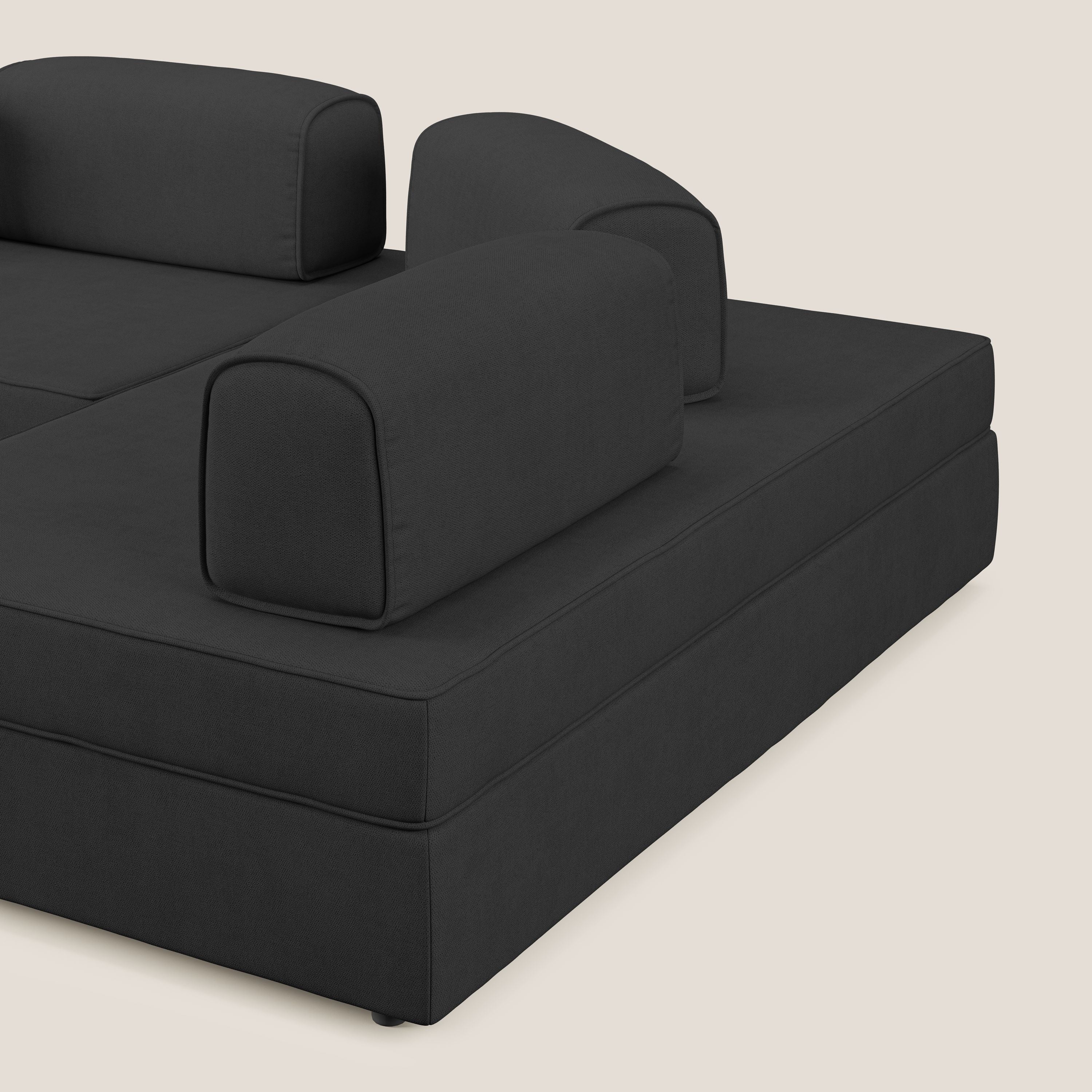 Liberty divano angolare con pouf estraibile e schienali movibili in tessuto morbido impermeabile T02 nero - divani.store