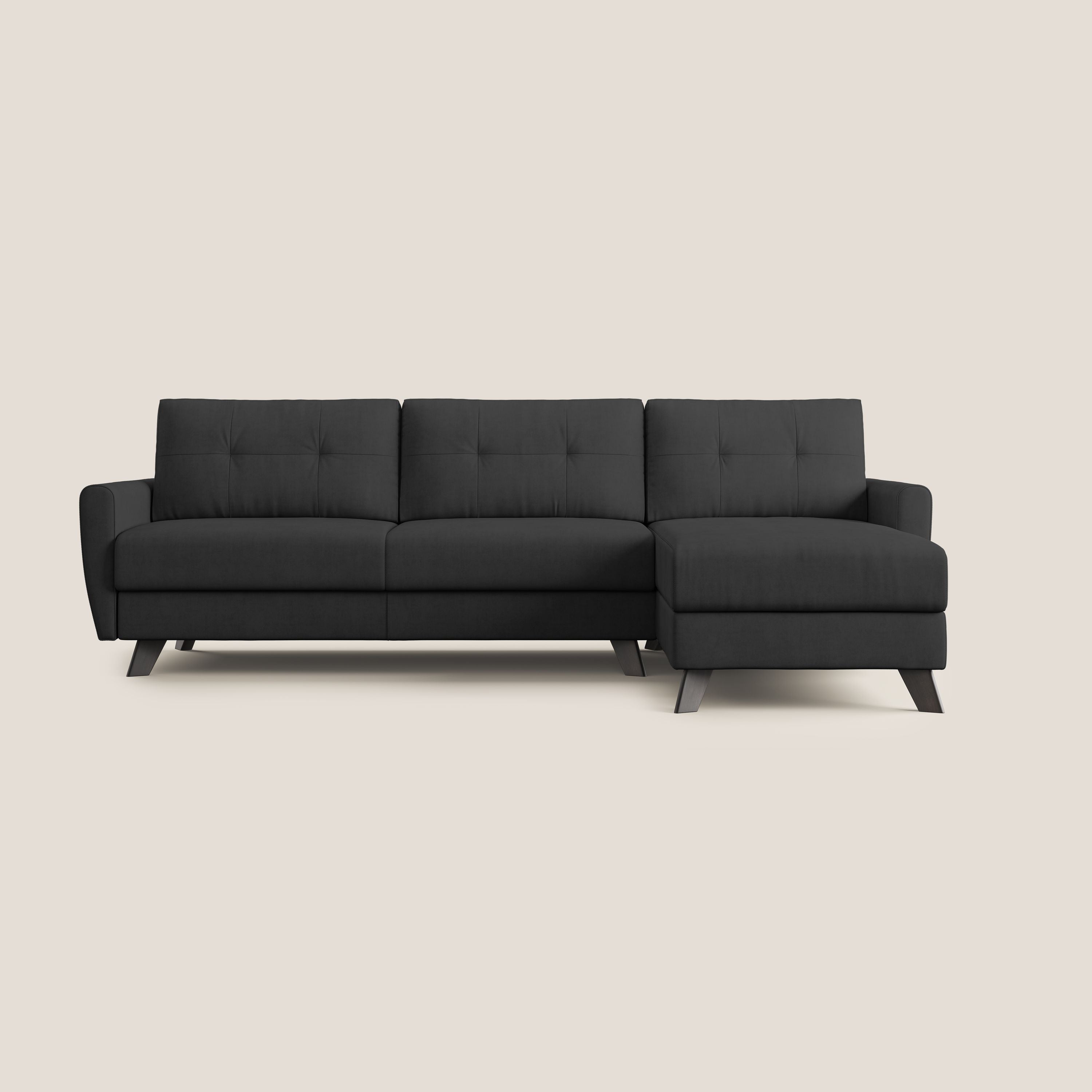 Callisto Divano letto angolare con penisola in tessuto morbido impermeabile T02 nero - divani.store