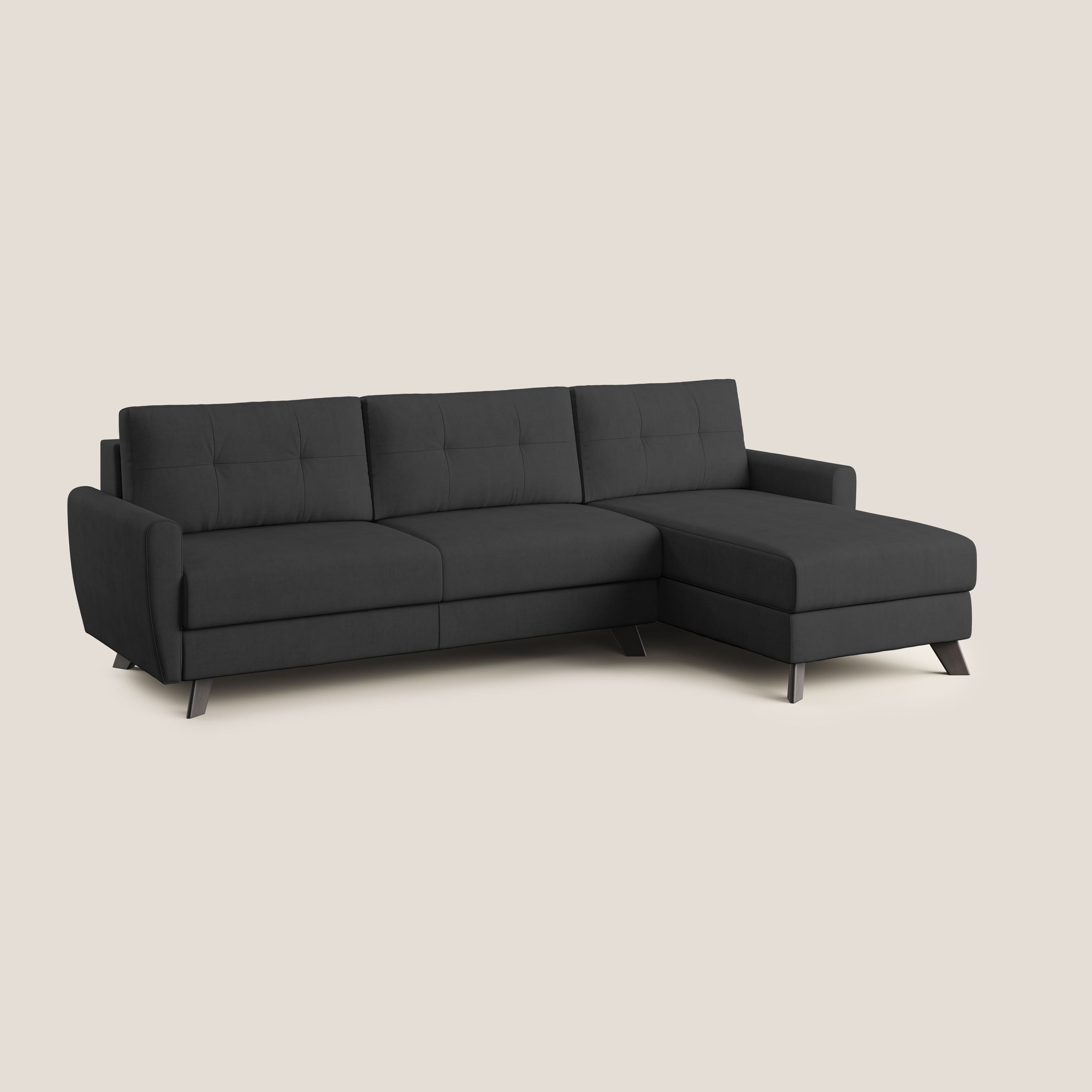 Callisto Divano letto angolare con penisola in tessuto morbido impermeabile T02 nero - divani.store