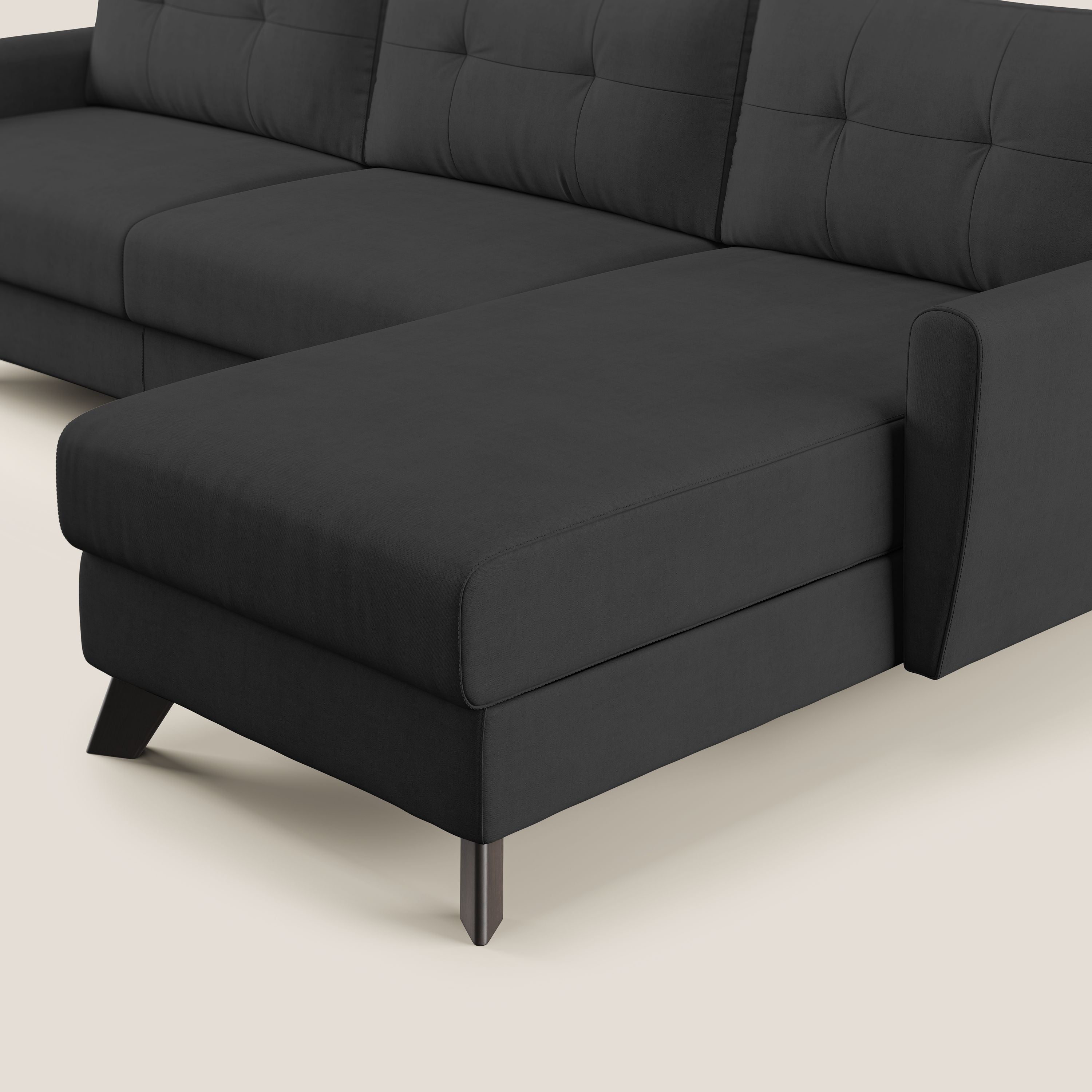 Callisto Divano letto angolare con penisola in tessuto morbido impermeabile T02 nero - divani.store