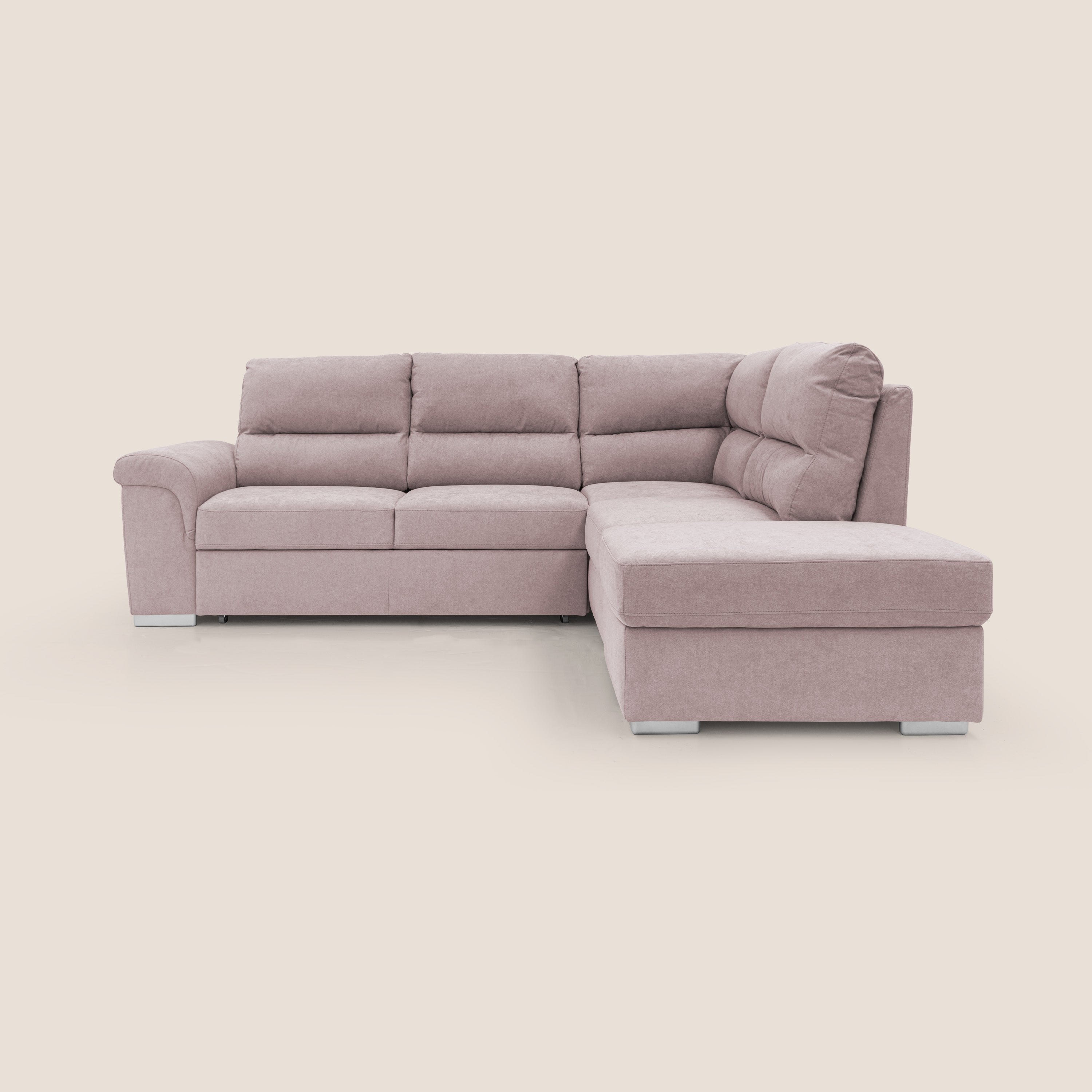 Minerva divano angolare con estraibile a cassettone e pouf contenitore in tessuto morbido impermeabile T02 rosa - divani.store