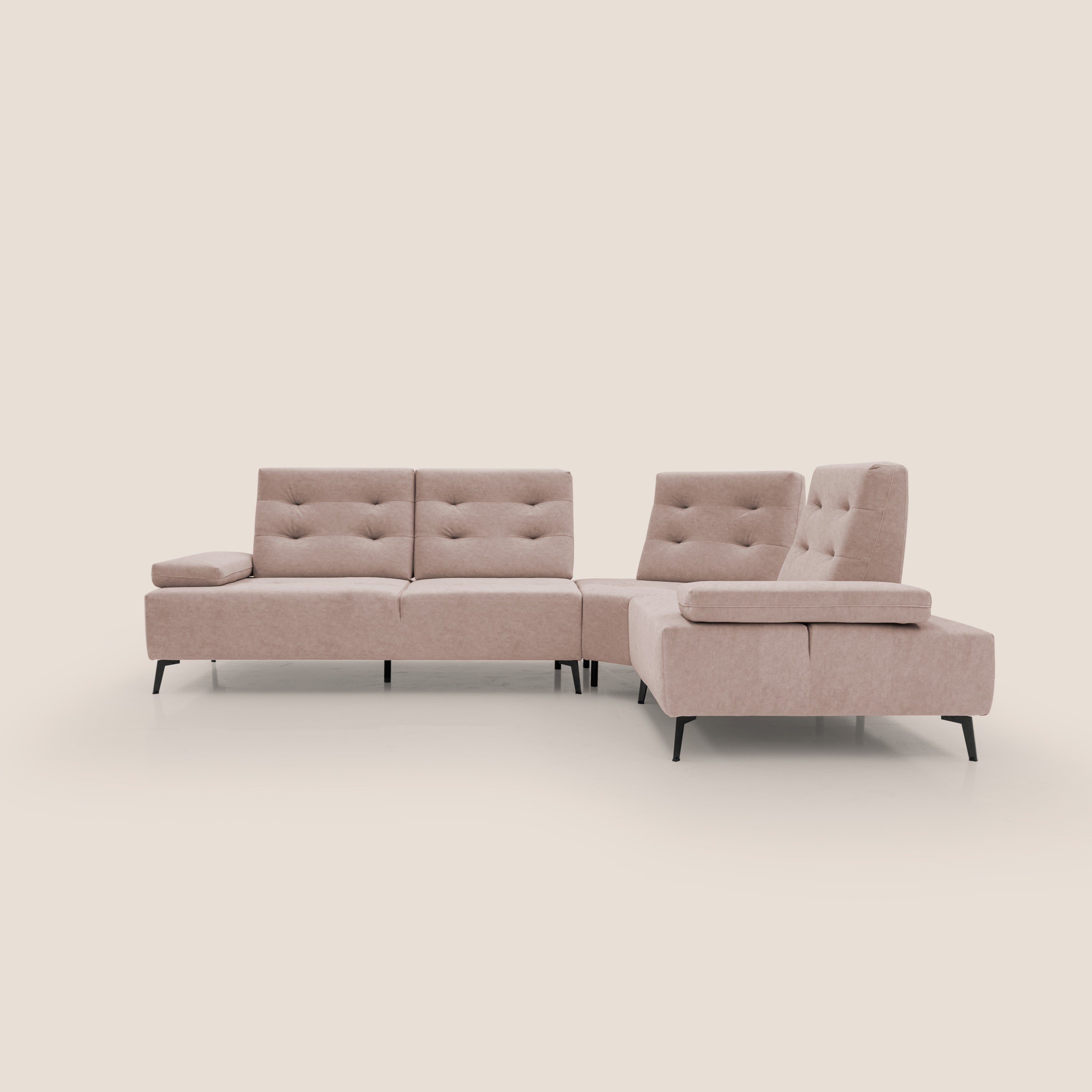 Lugano Divano angolare con schienali traslanti in microfibra effetto velluto T09 rosa - divani.store