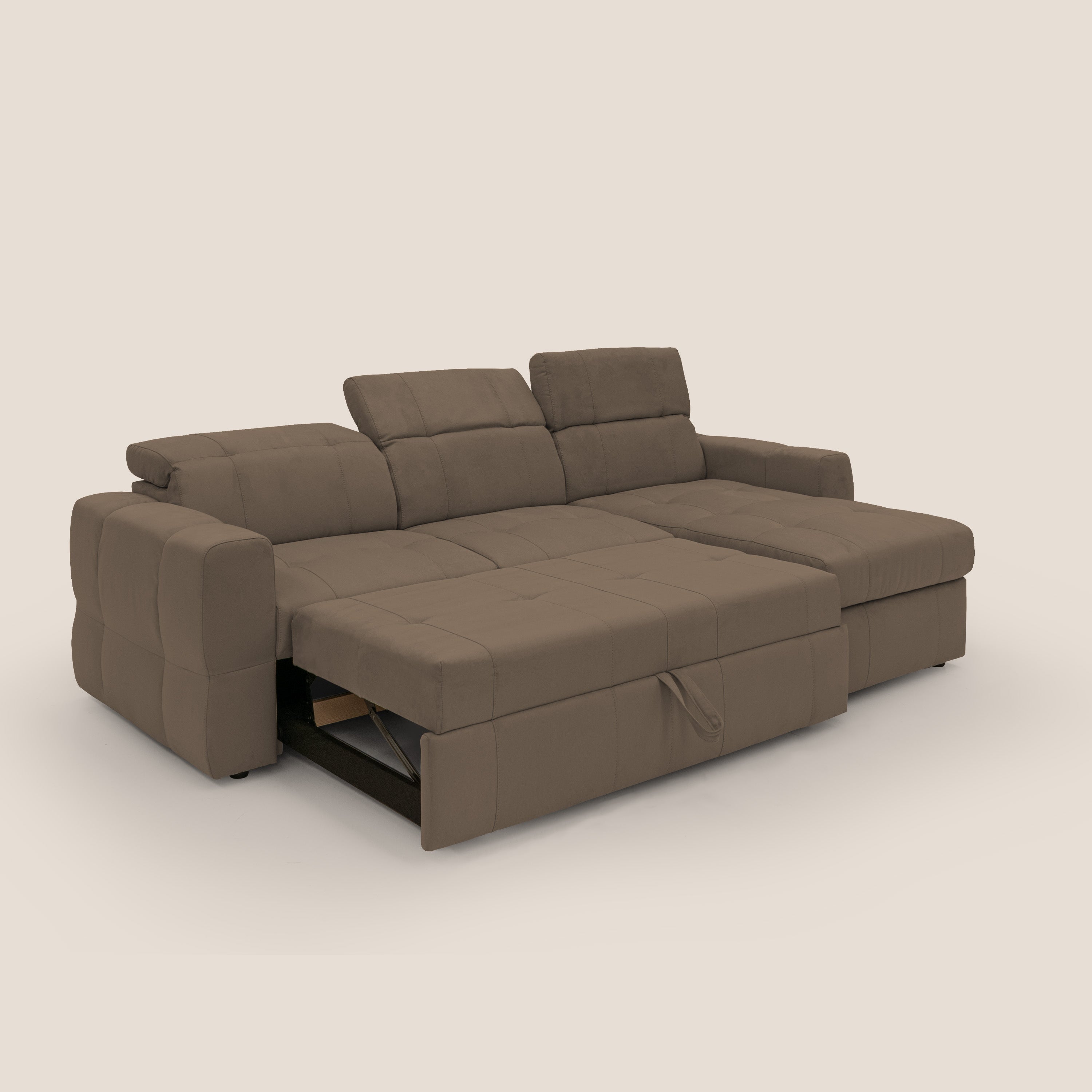 Kronos Divano angolare con pouf estraibile e penisola contenitore in microfibra impermeabile T11 marrone - divani.store