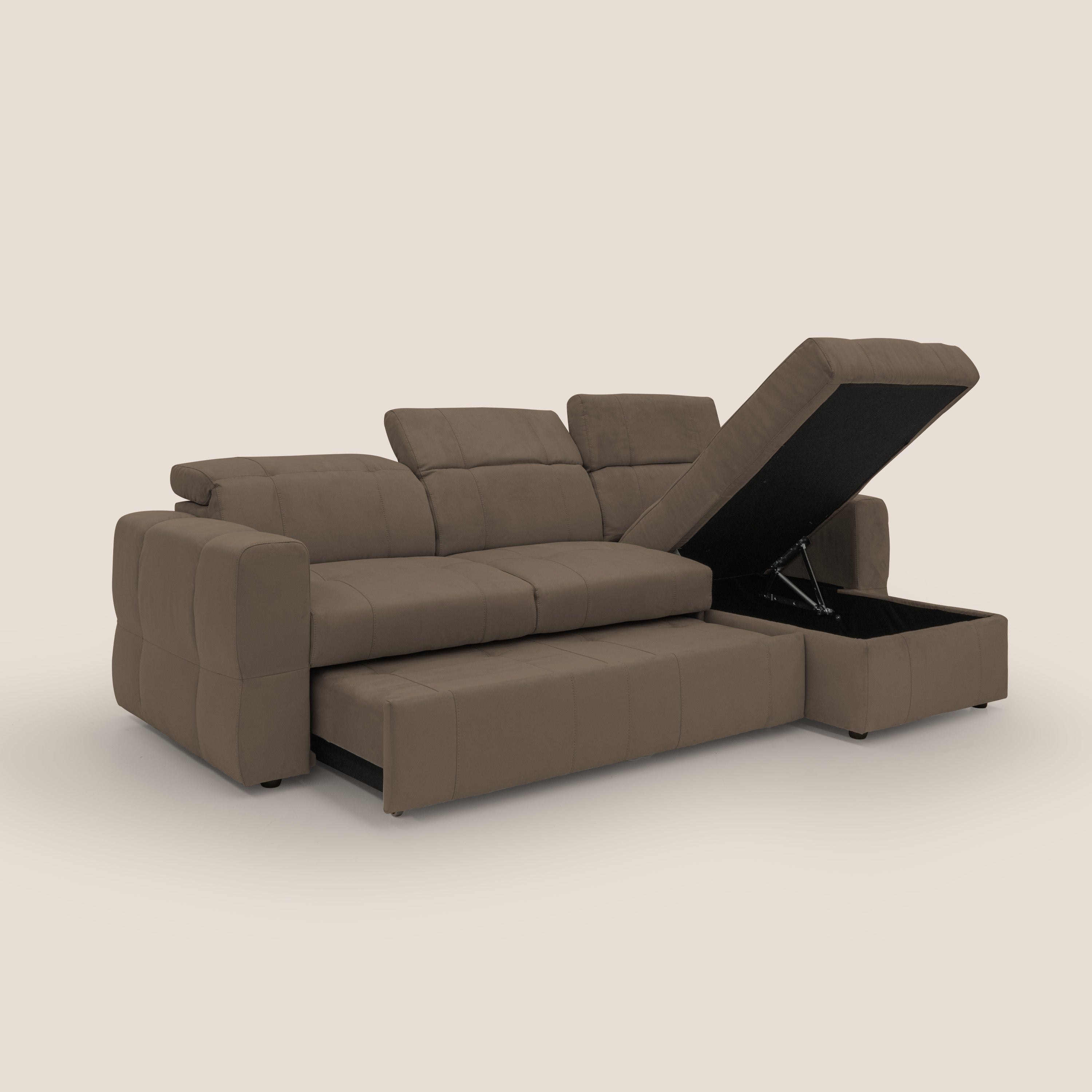 Kronos Divano angolare con pouf estraibile e penisola contenitore in microfibra impermeabile T11 marrone - divani.store