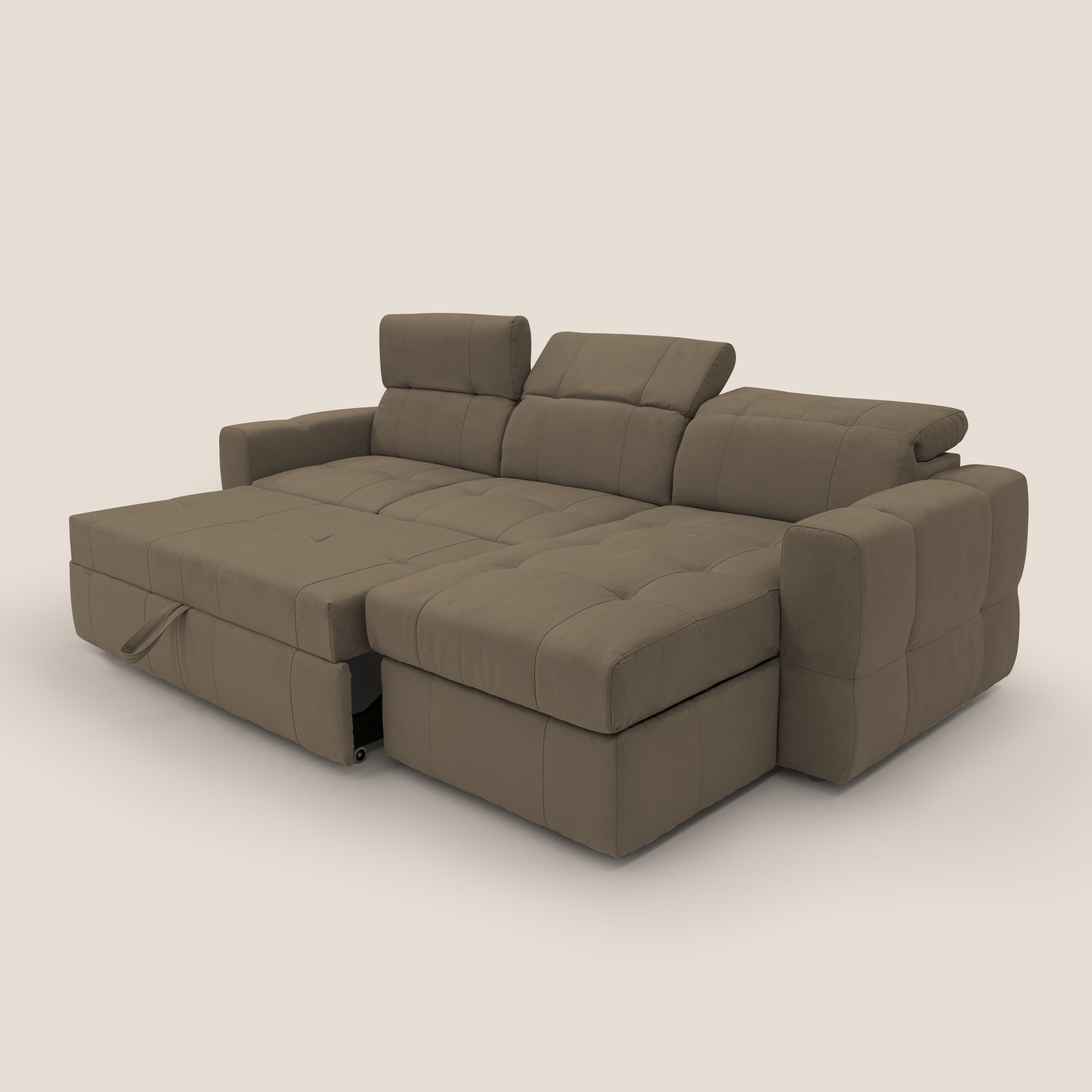 Kronos Divano angolare con pouf estraibile e penisola contenitore in microfibra impermeabile T11 marrone - divani.store