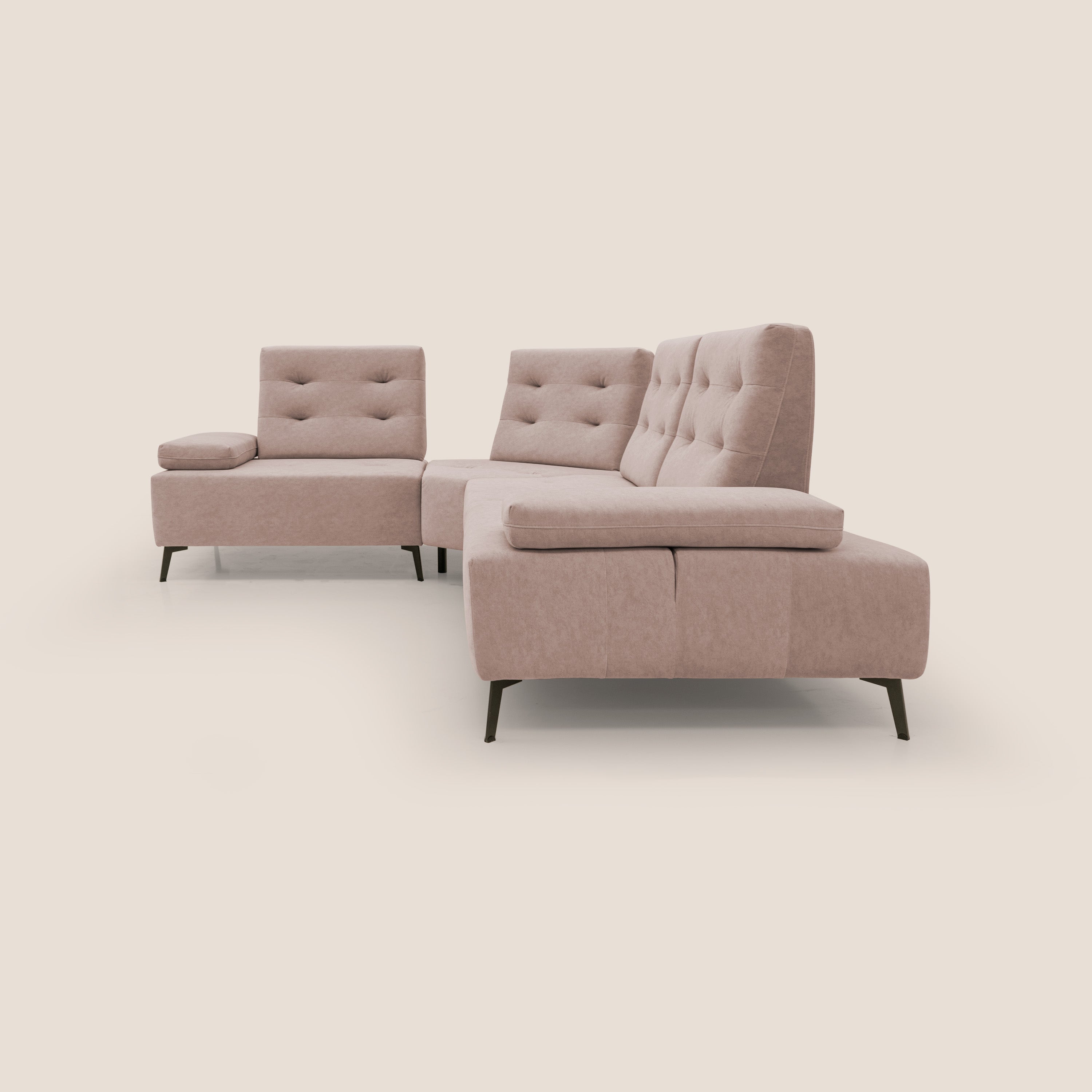 Lugano Divano angolare con schienali traslanti in microfibra effetto velluto T09 rosa - divani.store