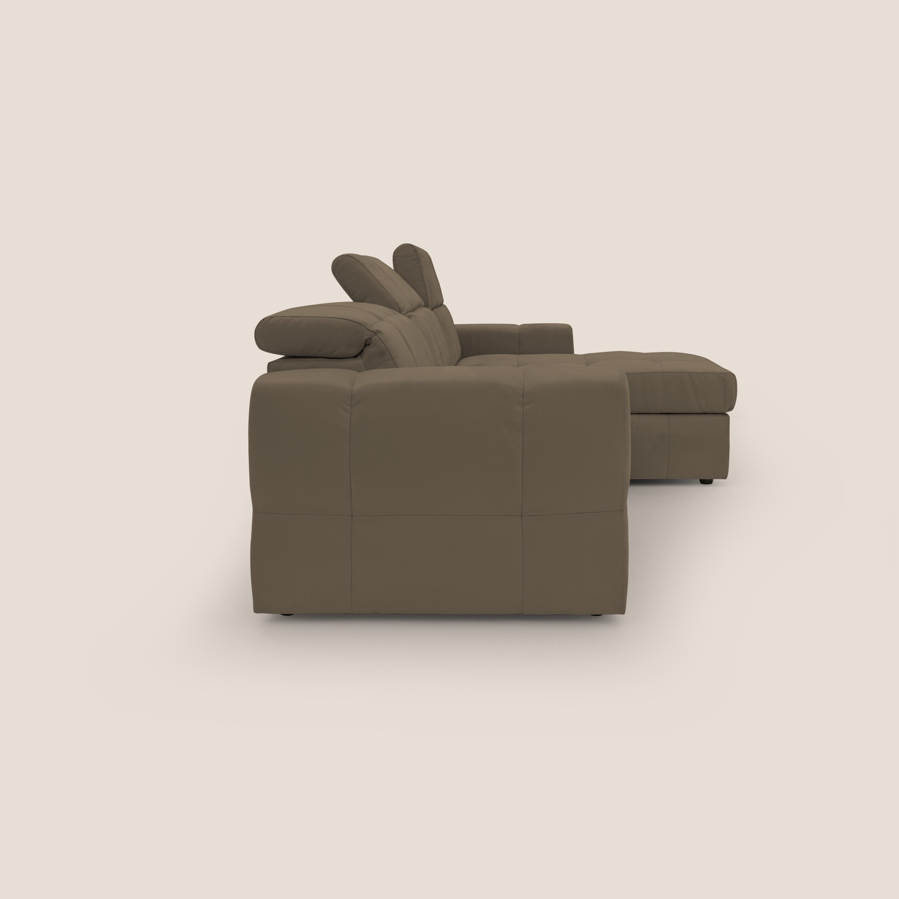 Kronos Divano angolare con pouf estraibile e penisola contenitore in microfibra impermeabile T11 marrone - divani.store