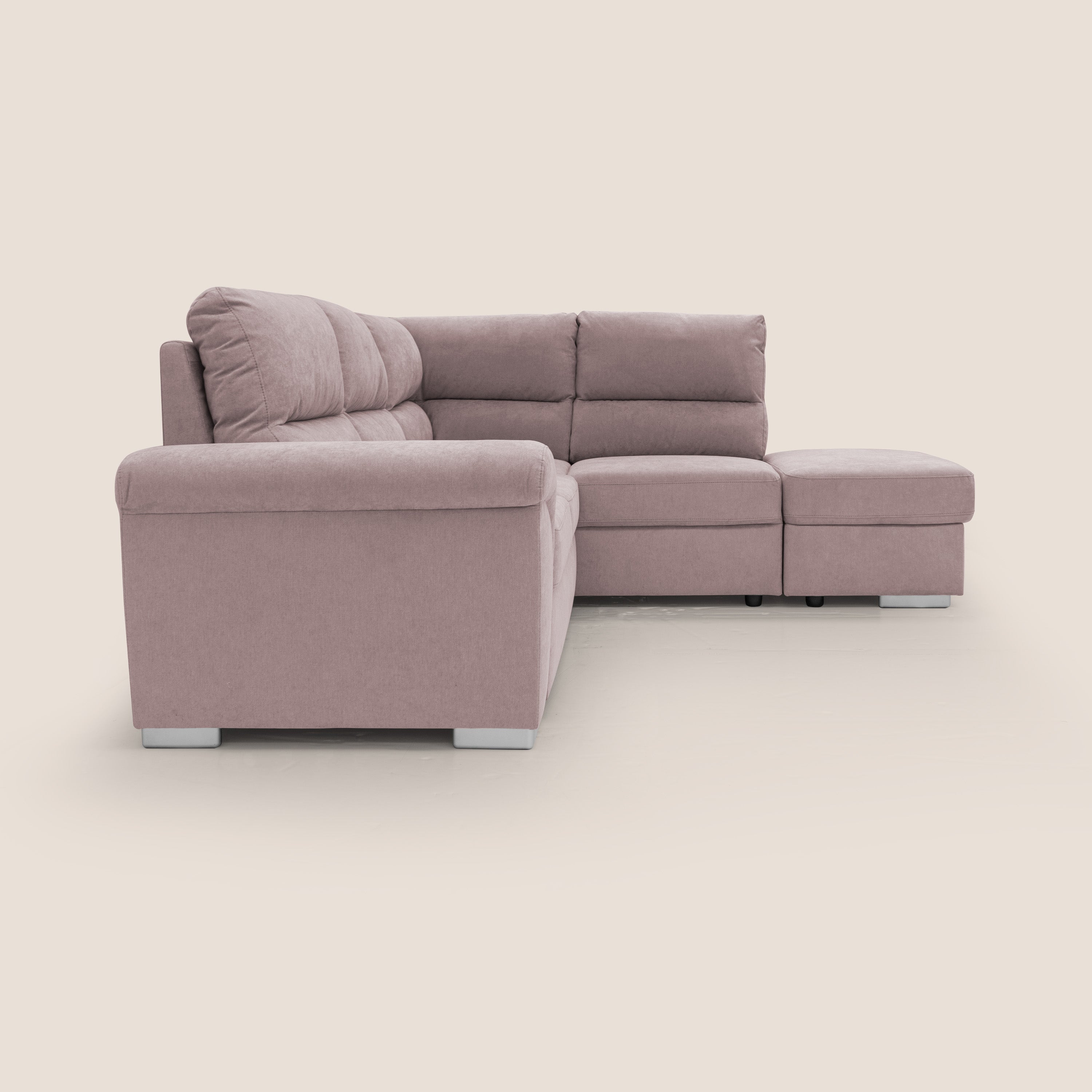 Minerva divano angolare con estraibile a cassettone e pouf contenitore in tessuto morbido impermeabile T02 rosa - divani.store