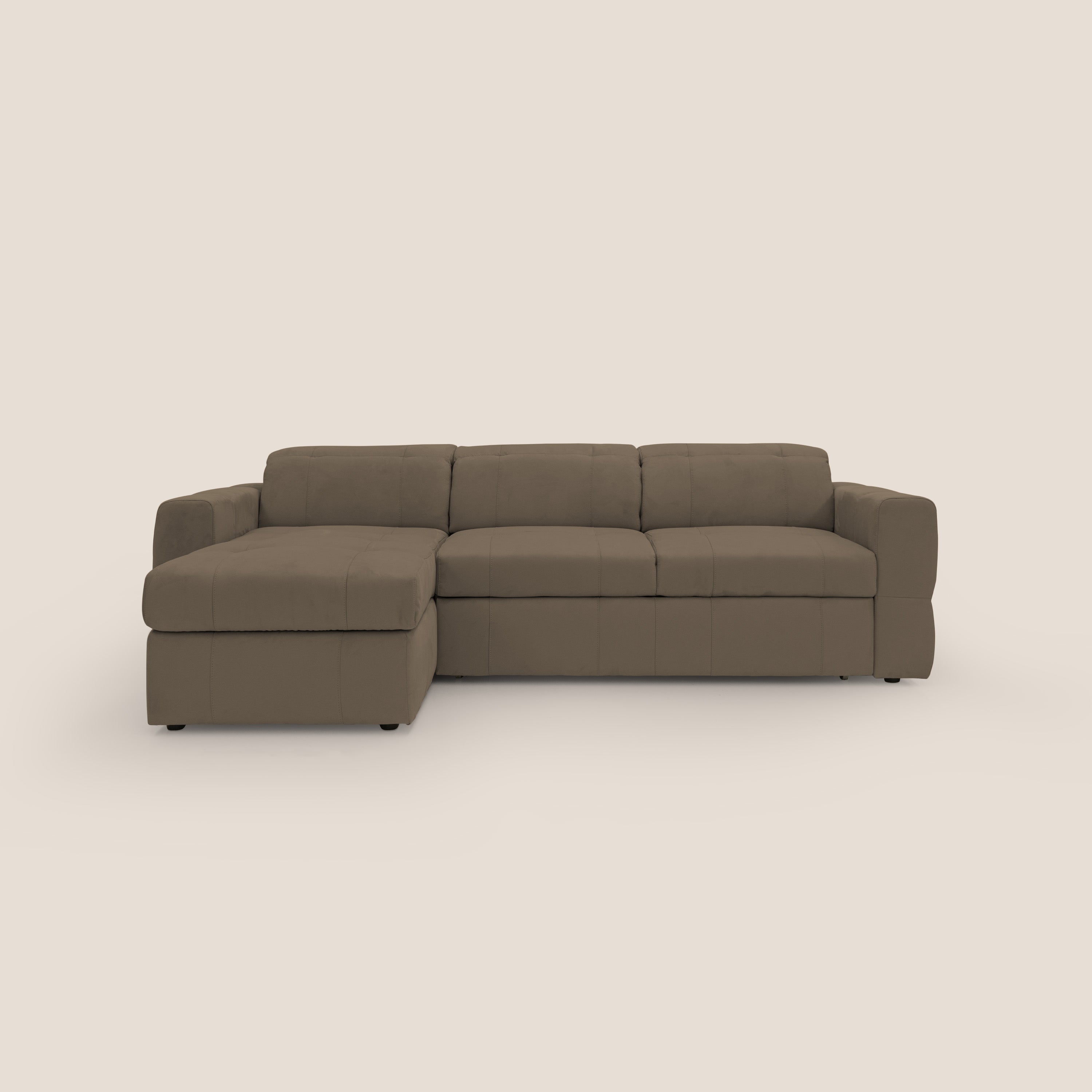 Kronos Divano angolare con pouf estraibile e penisola contenitore in microfibra impermeabile T11 marrone - divani.store