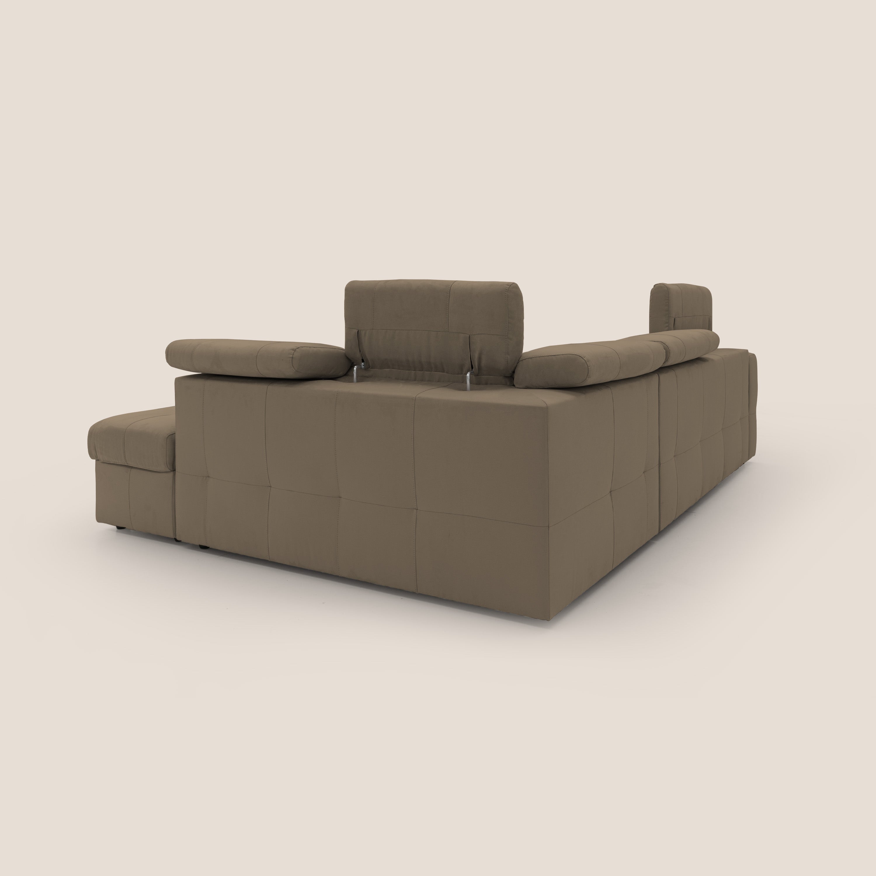 Kronos Divano angolare con poggiapiedi estraibile e pouf contenitore mobile in microfibra impermeabile T11 marrone - divani.store