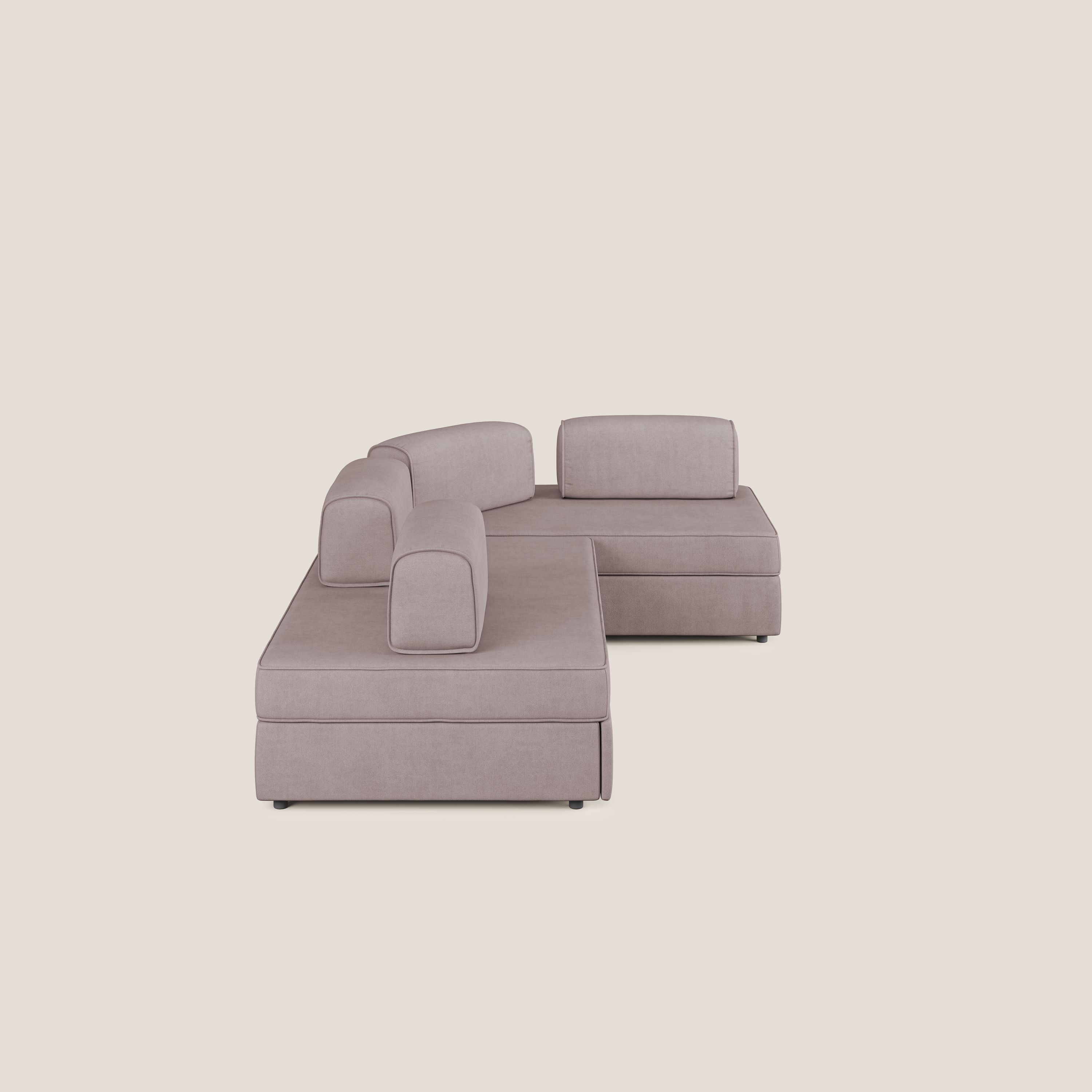 Liberty divano angolare con pouf estraibile e schienali movibili in tessuto morbido impermeabile T02 rosa - divani.store