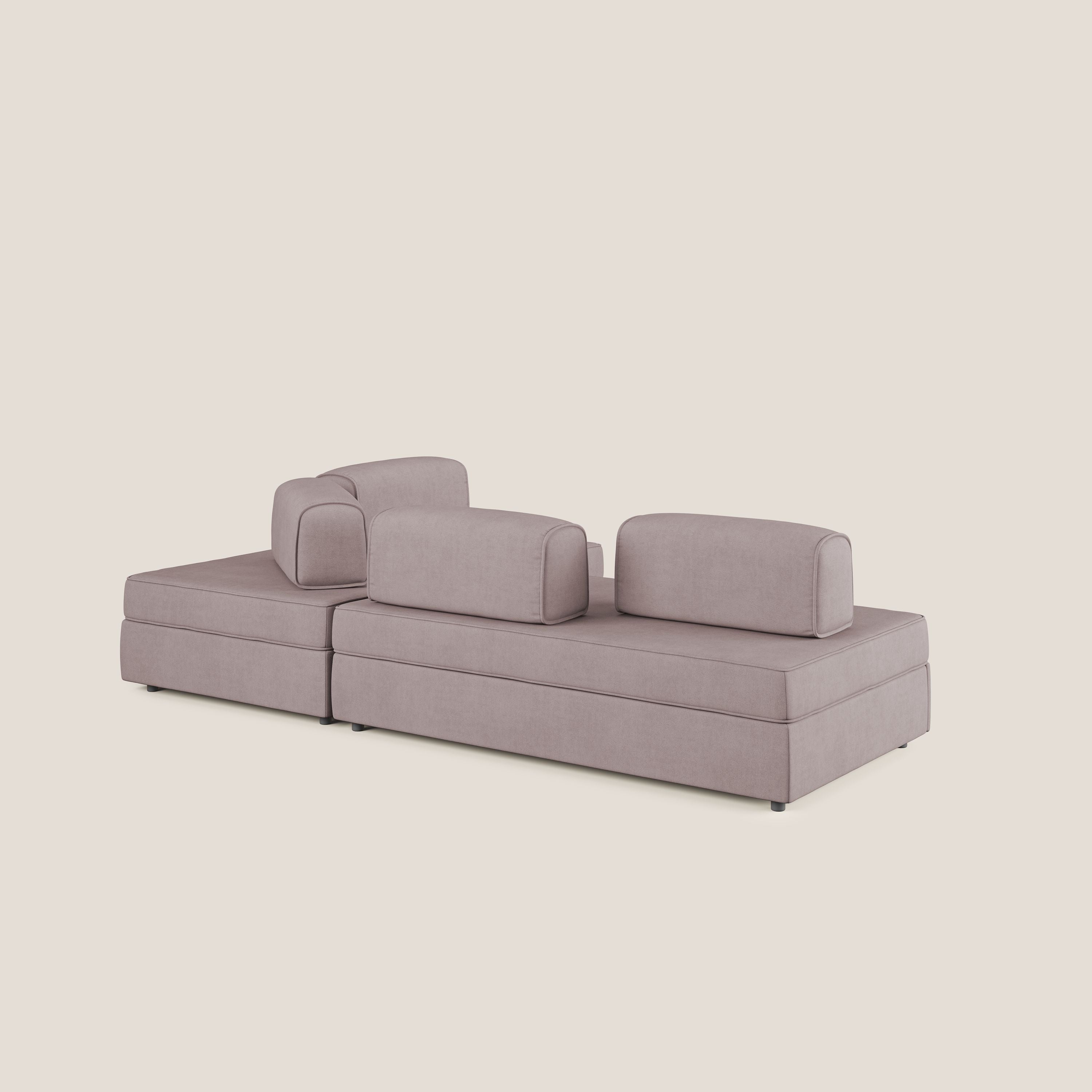 Liberty divano angolare con pouf estraibile e schienali movibili in tessuto morbido impermeabile T02 rosa - divani.store