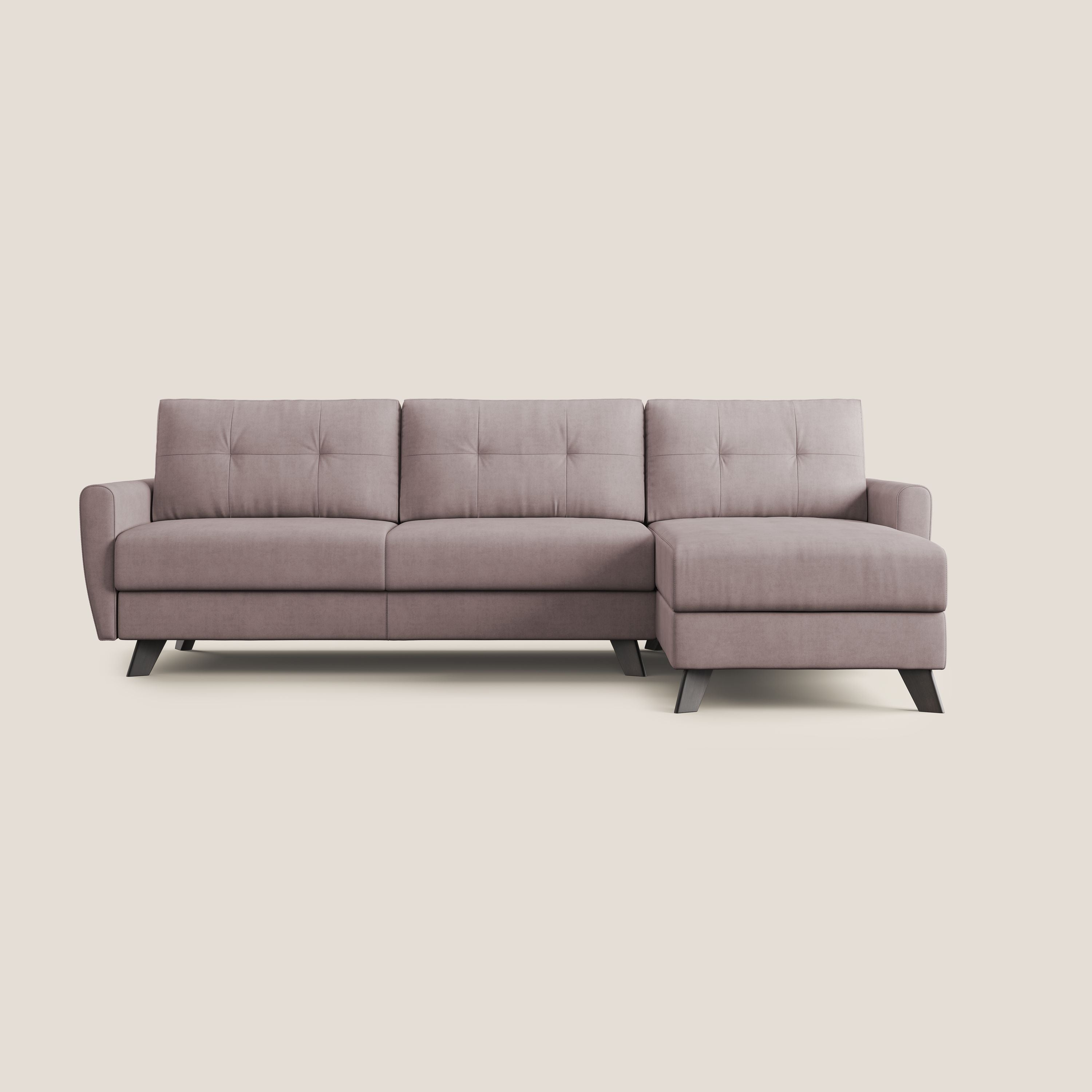 Callisto Divano letto angolare con penisola in tessuto morbido impermeabile T02 rosa - divani.store