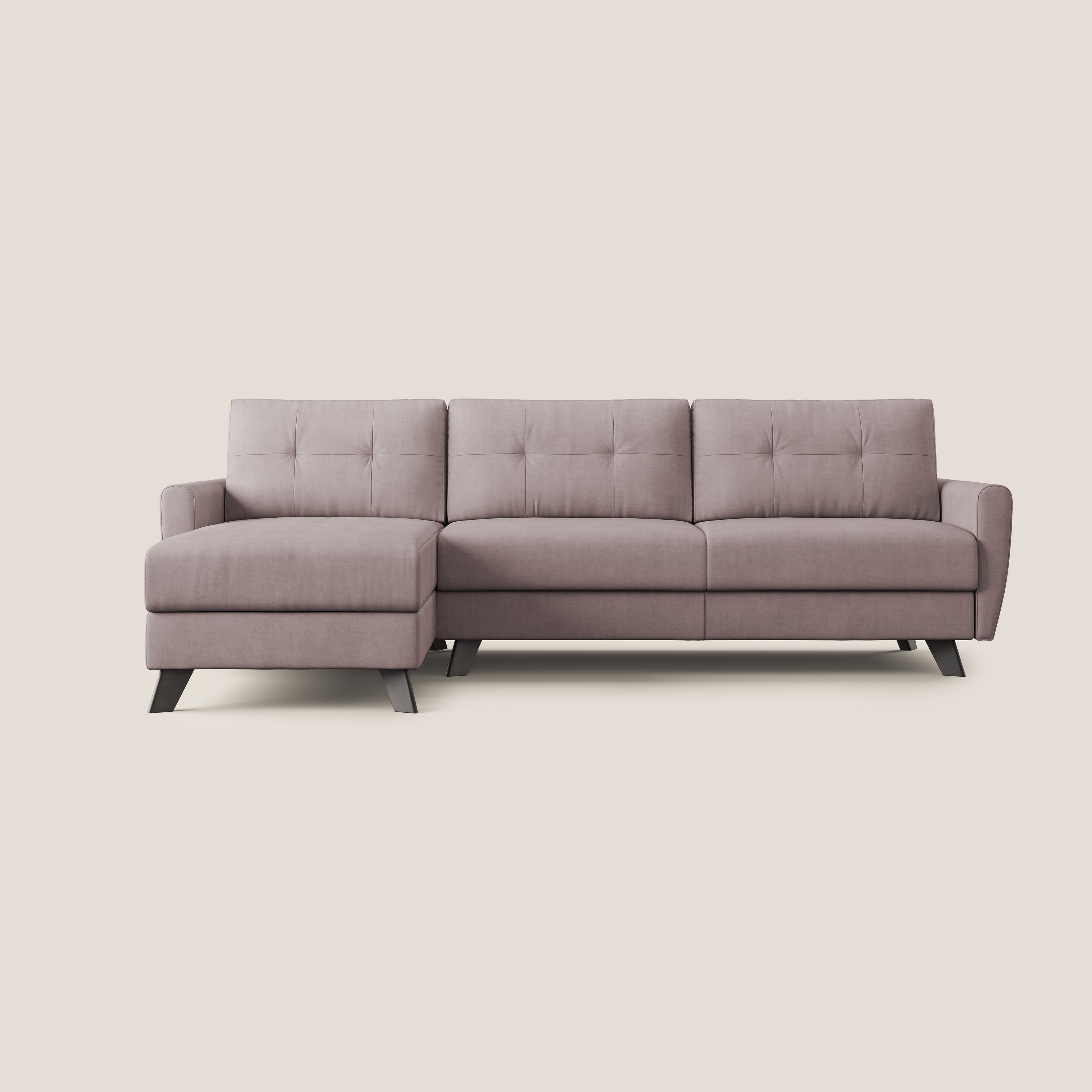 Callisto Divano letto angolare con penisola in tessuto morbido impermeabile T02 rosa - divani.store