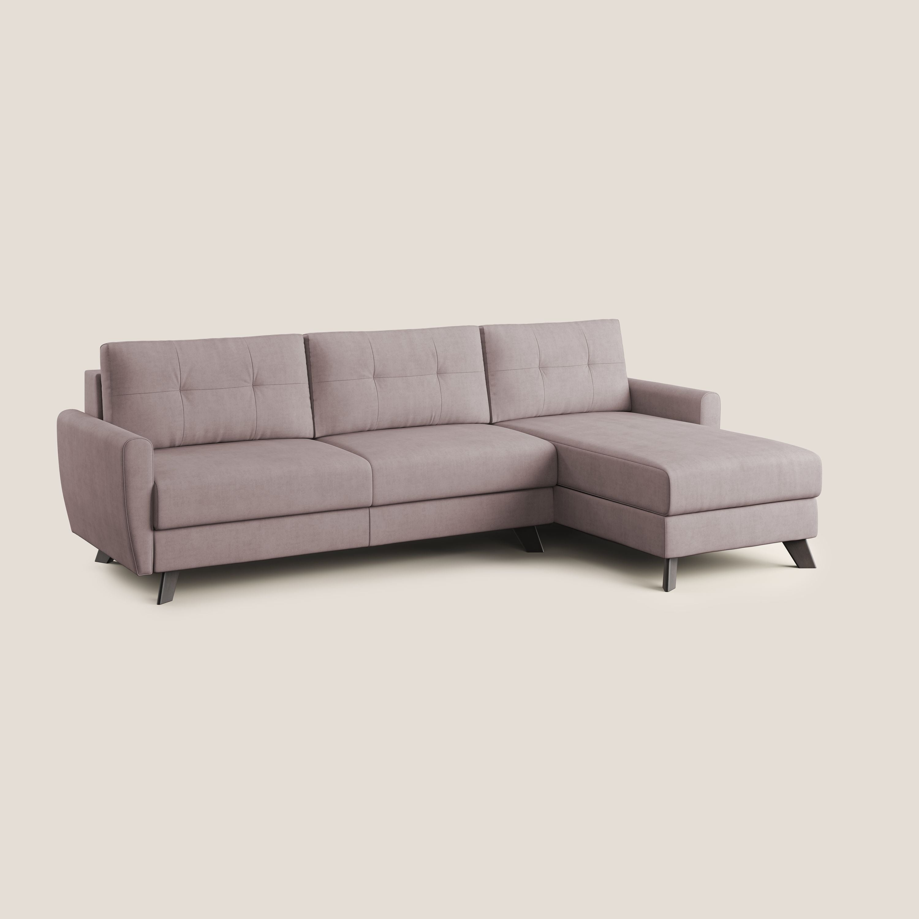 Callisto Divano letto angolare con penisola in tessuto morbido impermeabile T02 rosa - divani.store