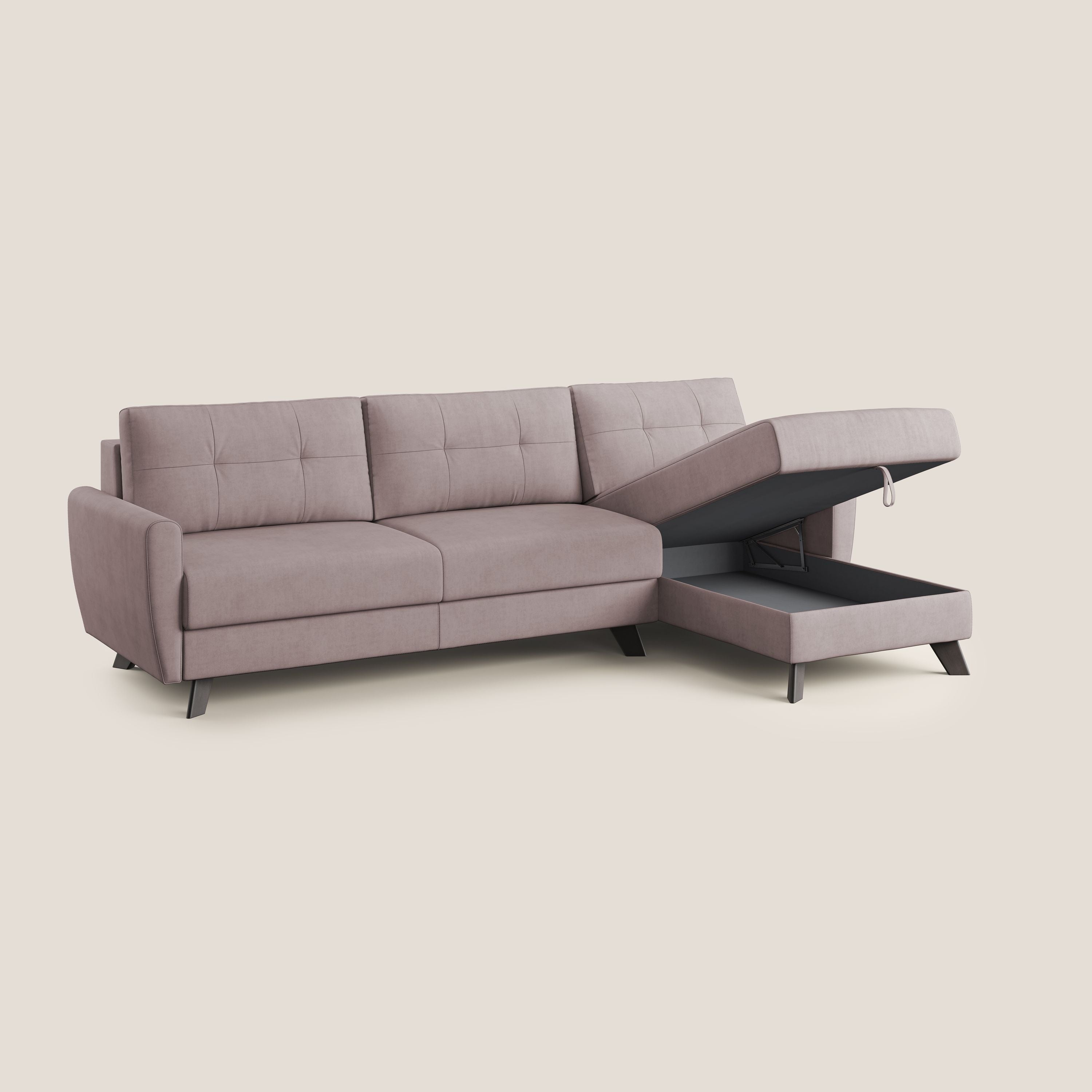 Callisto Divano letto angolare con penisola in tessuto morbido impermeabile T02 rosa - divani.store