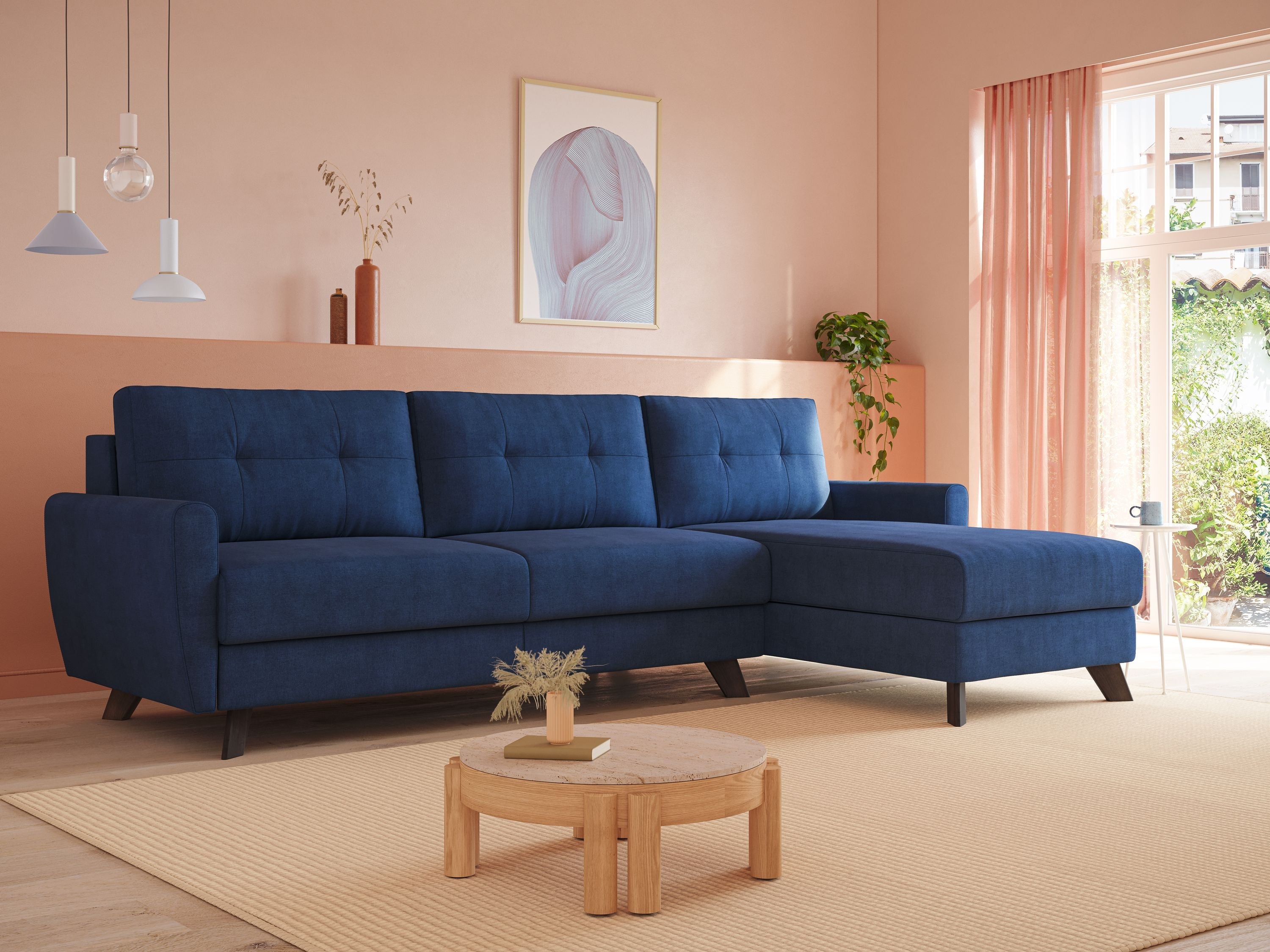 Callisto Divano letto angolare con penisola in tessuto morbido impermeabile T02 rosa - divani.store