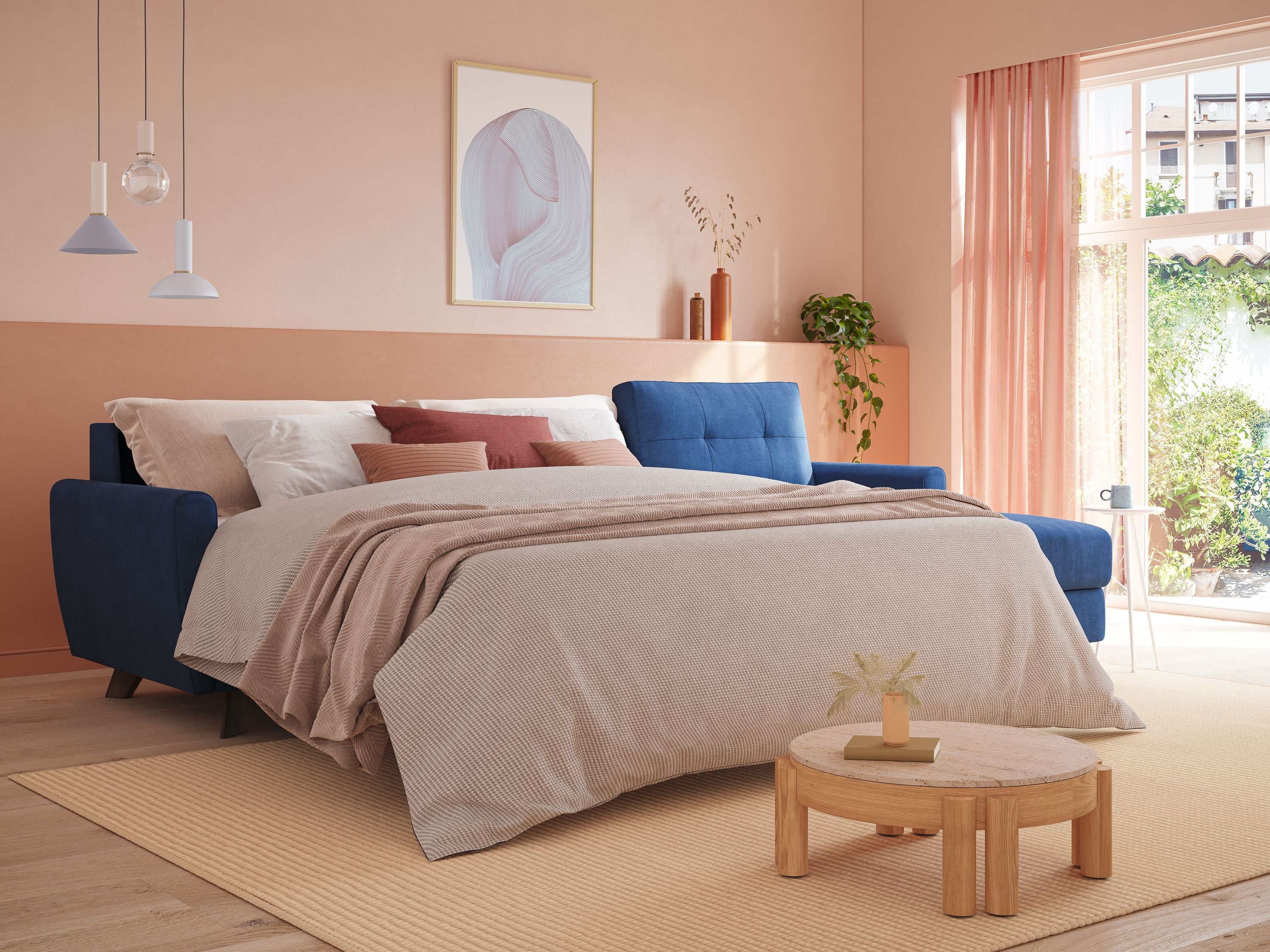 Callisto Divano letto angolare con penisola in tessuto morbido impermeabile T02 rosa - divani.store