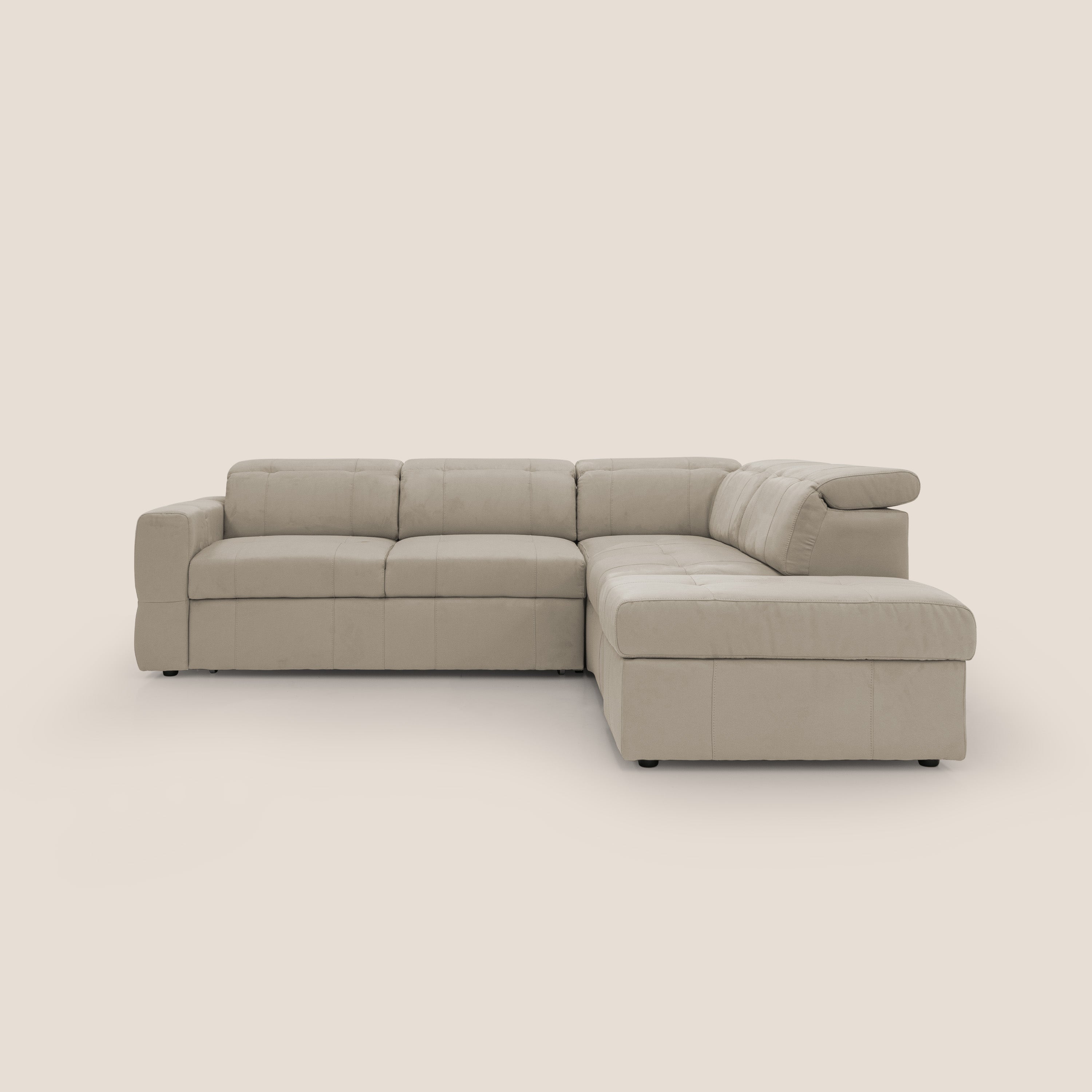 Kronos Divano angolare con poggiapiedi estraibile e pouf contenitore mobile in microfibra impermeabile T11 tortora - divani.store