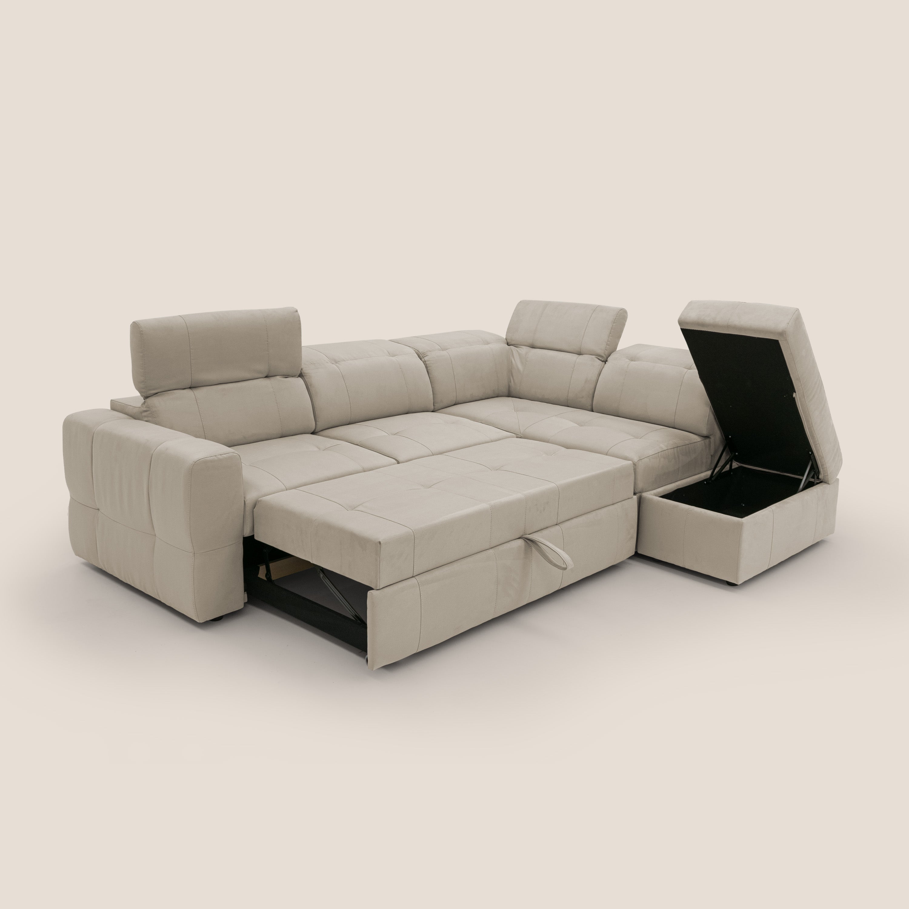 Kronos Divano angolare con poggiapiedi estraibile e pouf contenitore mobile in microfibra impermeabile T11 tortora - divani.store
