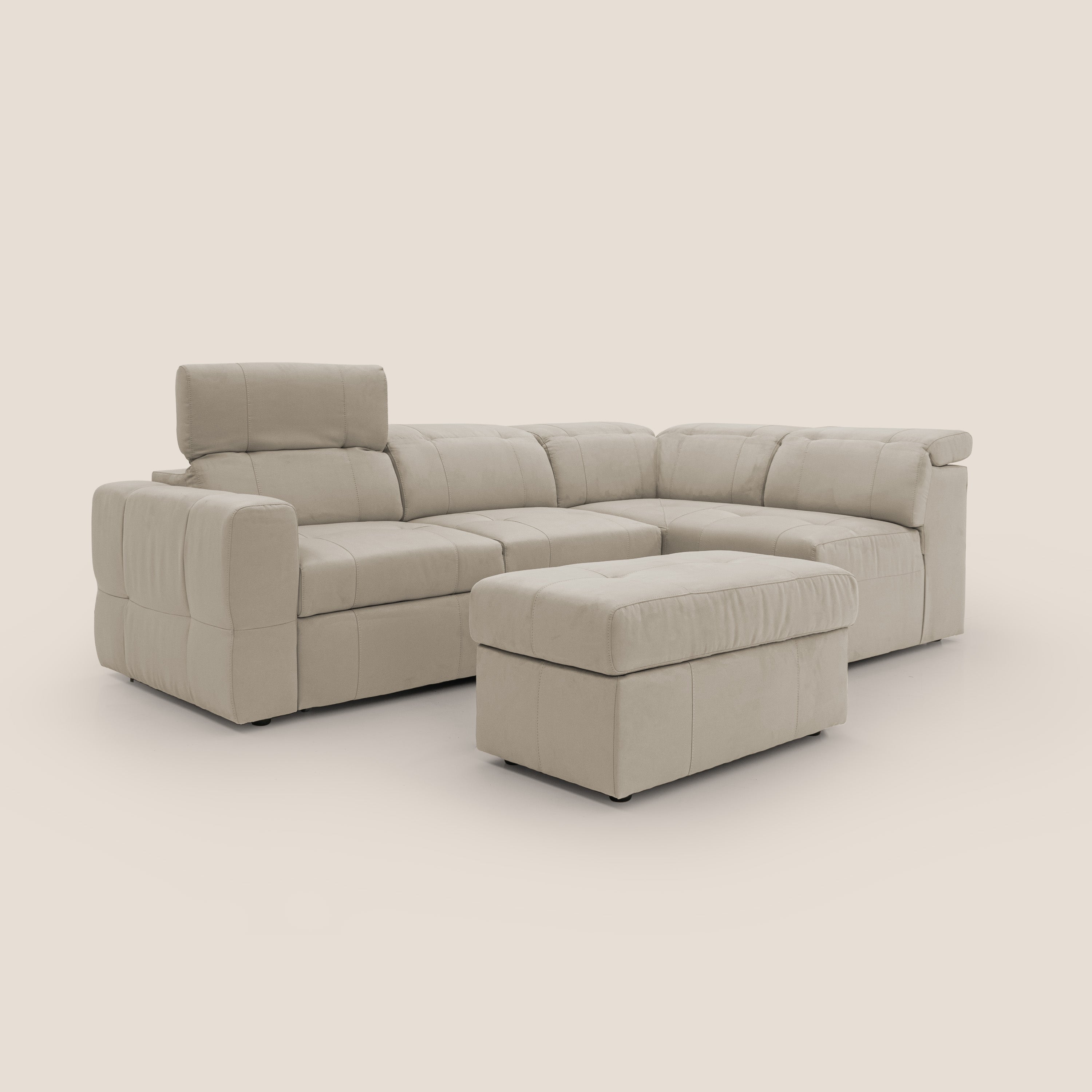 Kronos Divano angolare con poggiapiedi estraibile e pouf contenitore mobile in microfibra impermeabile T11 tortora - divani.store