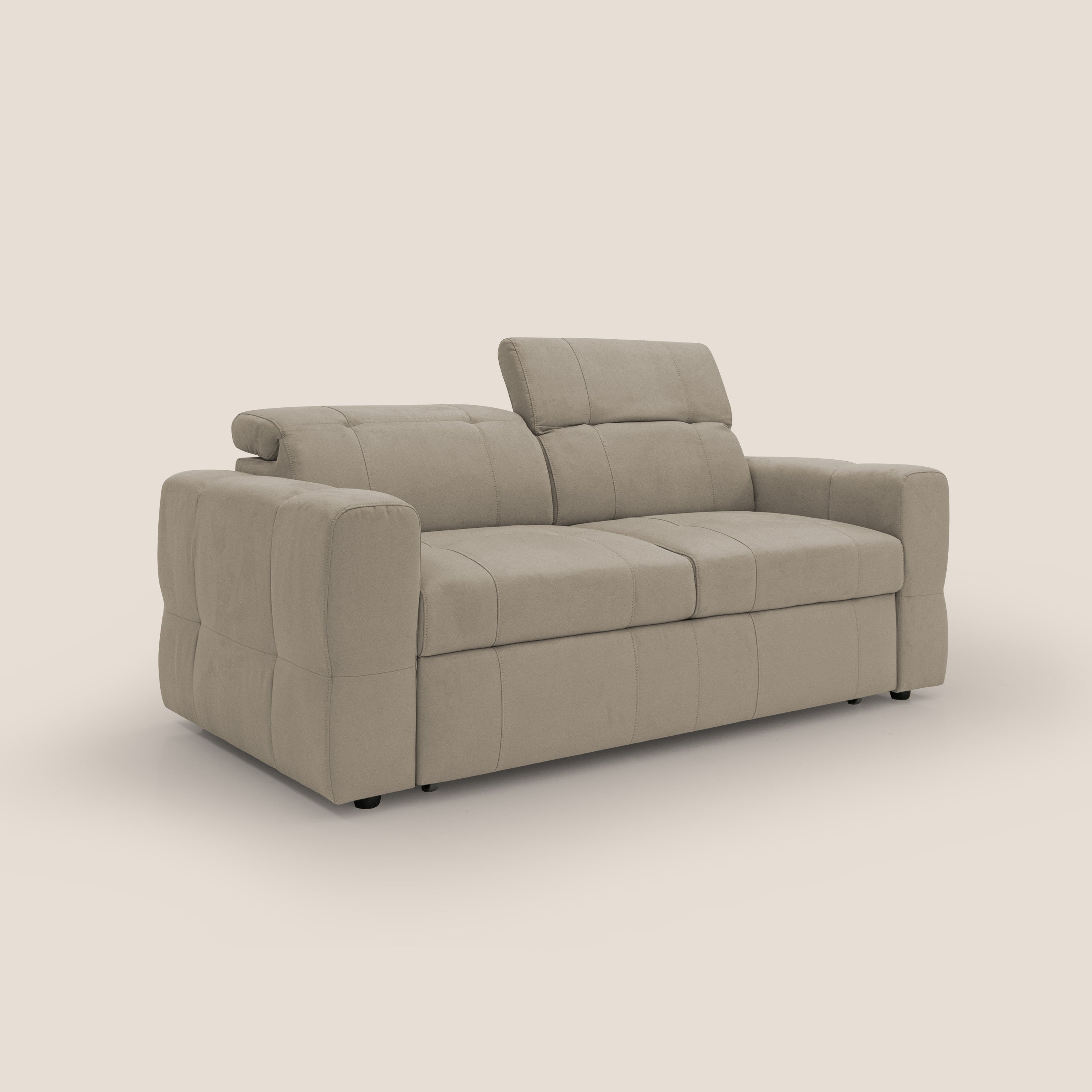 Kronos Divano con pouf estraibile poggiapiedi e poggiatesta reclinabili in morbida microfibra impermeabile T11 tortora - divani.store