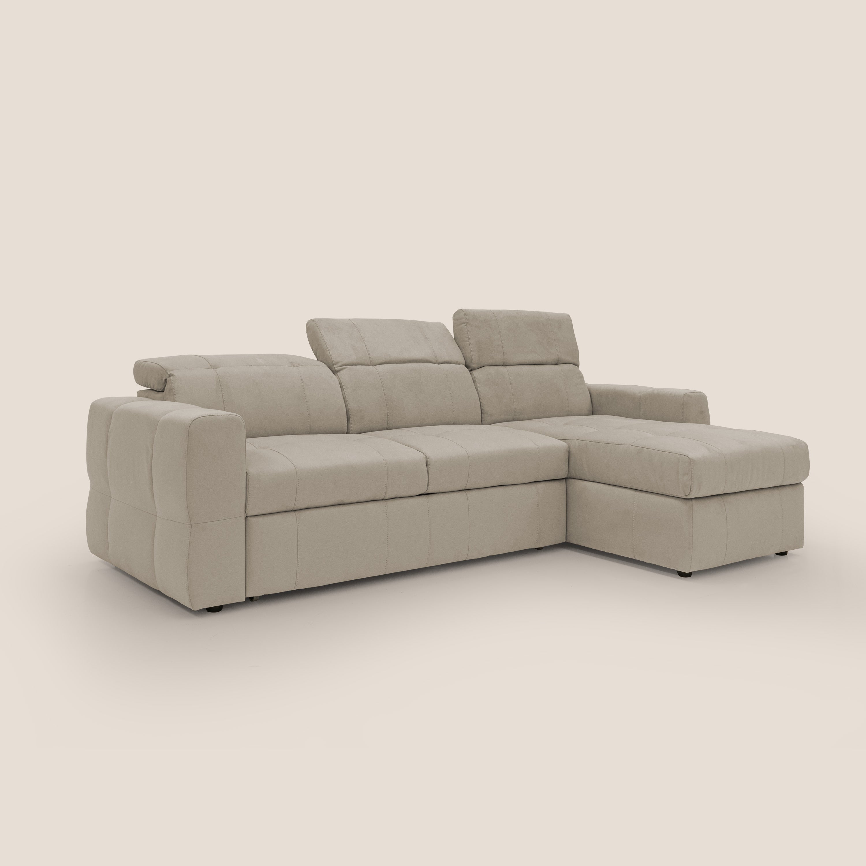 Kronos Divano angolare con pouf estraibile e penisola contenitore in microfibra impermeabile T11 tortora - divani.store