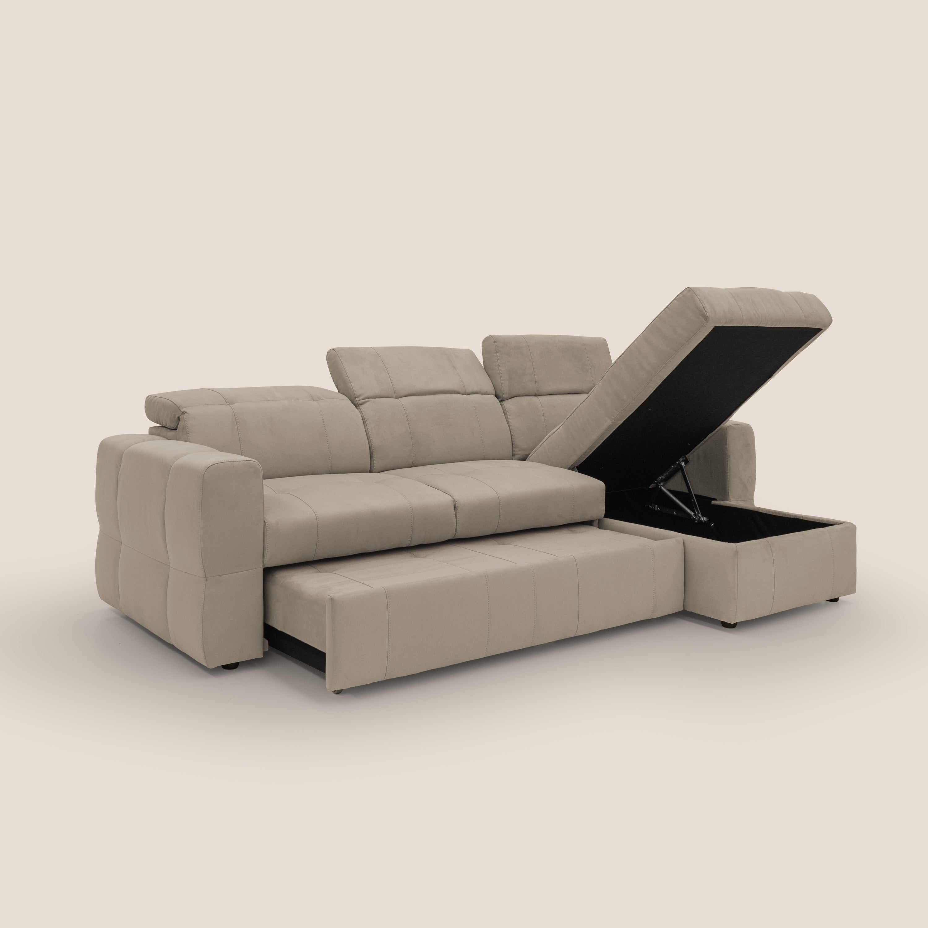 Kronos Divano angolare con pouf estraibile e penisola contenitore in microfibra impermeabile T11 tortora - divani.store