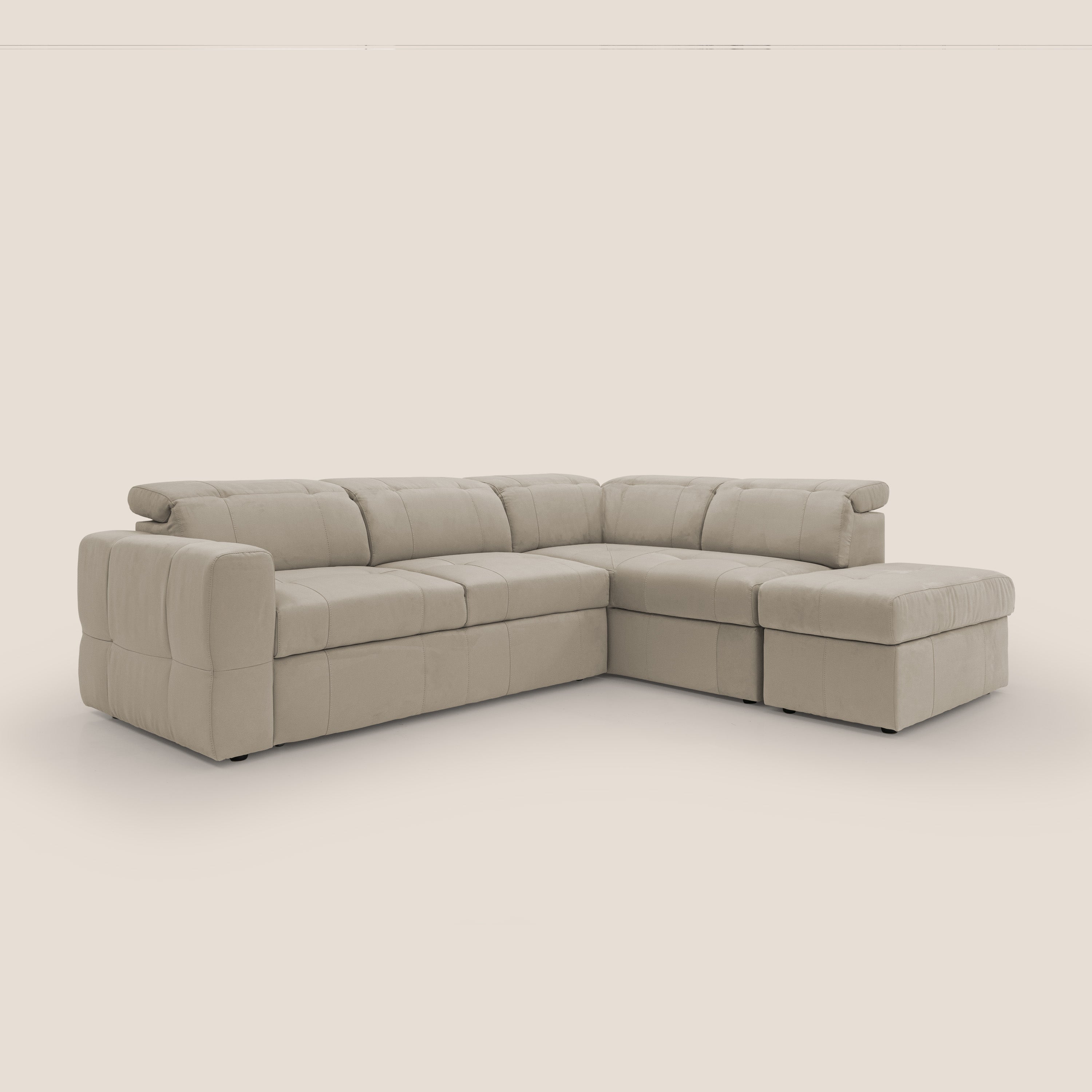 Kronos Divano angolare con poggiapiedi estraibile e pouf contenitore mobile in microfibra impermeabile T11 tortora - divani.store