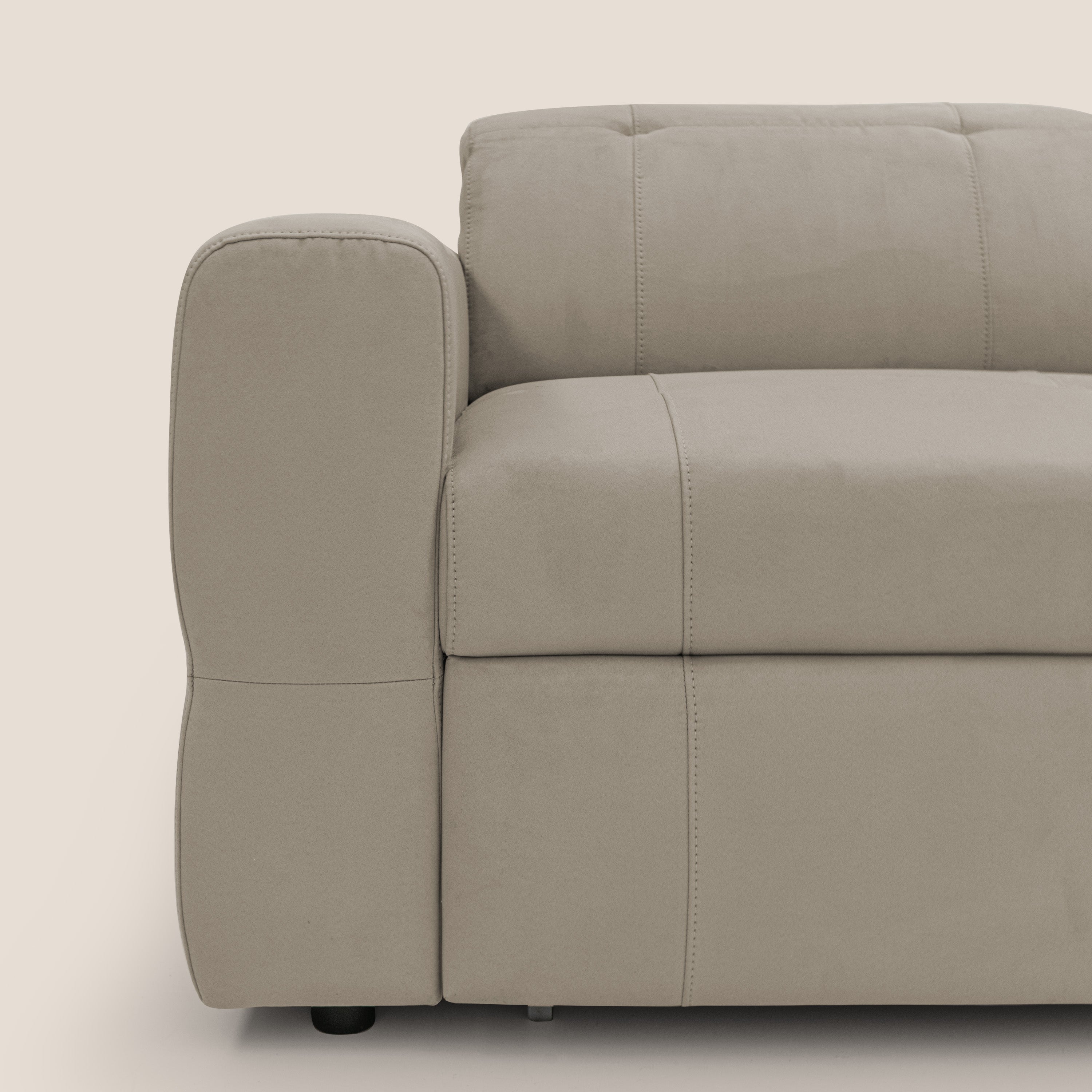 Kronos Divano angolare con pouf estraibile e penisola contenitore in microfibra impermeabile T11 tortora - divani.store